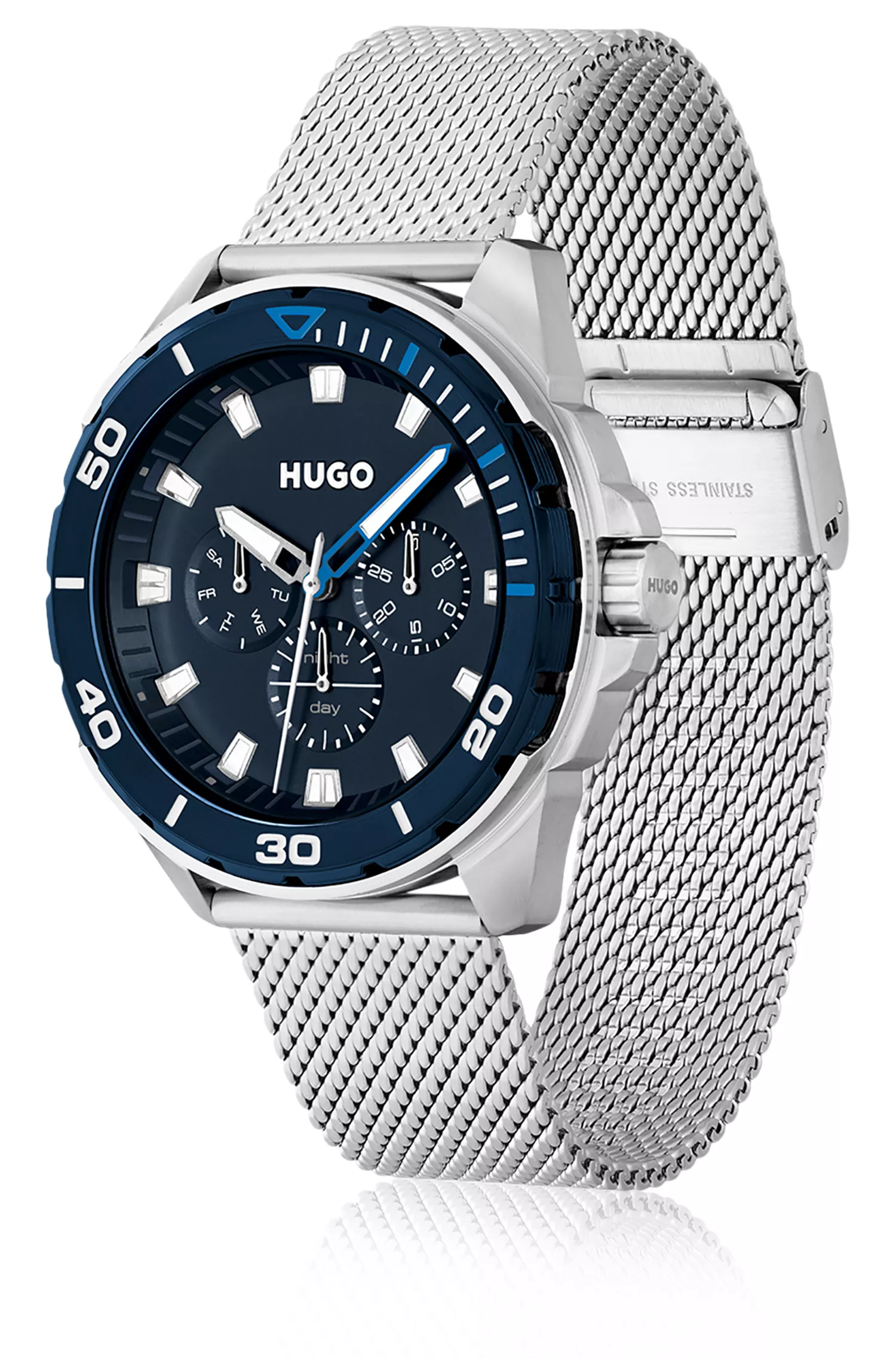 Relógio HUGO com pulseira de malha vermelha e mostrador azul.