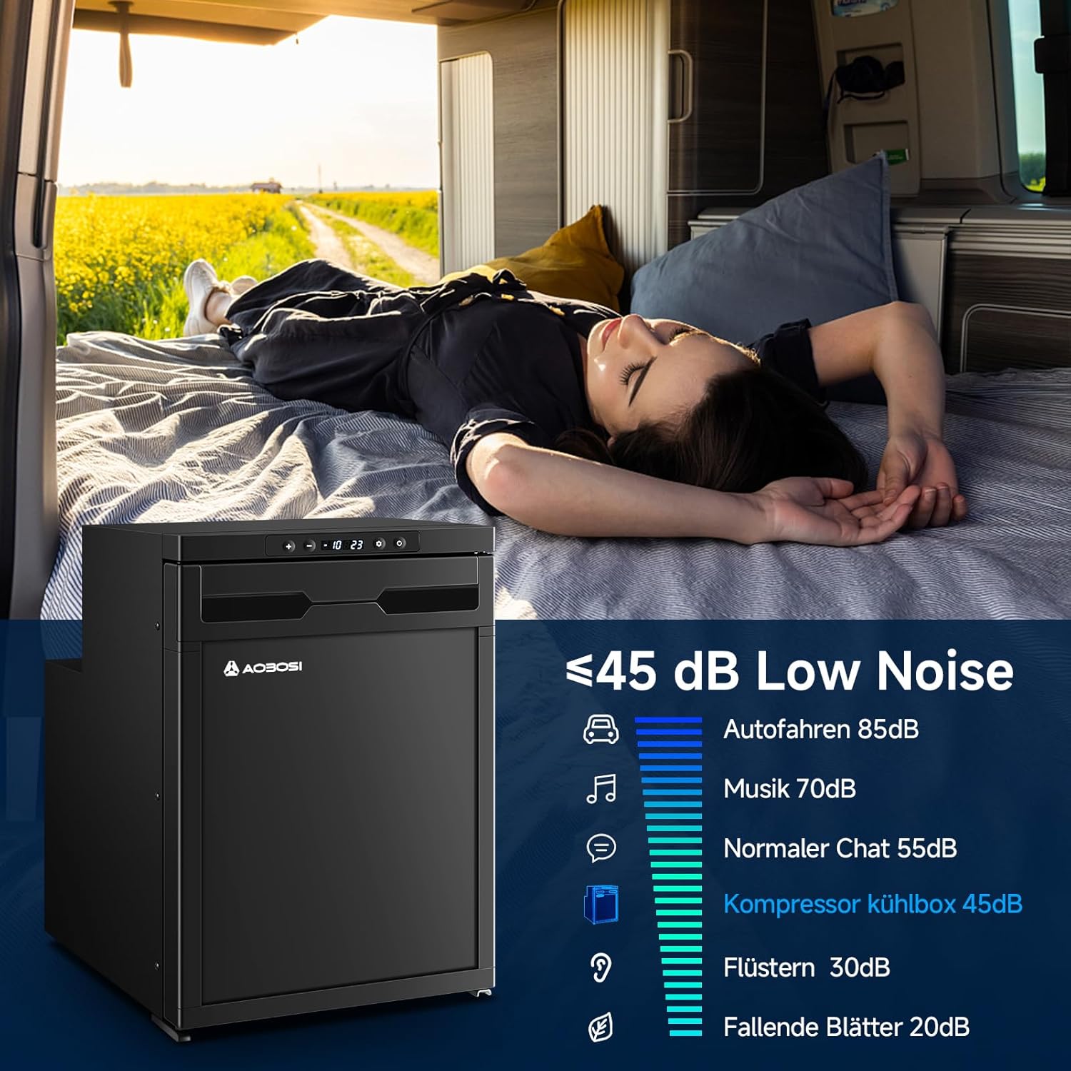 AAOBOSI 45L Kompressor Kühlbox, Wohnmobil Kühlschrank mit APP-Steuerung, 12/24V DC, Kühlbox Auto mit LED-Leuchten, bis -20℃ Kompressor Kühlschrank für Auto, LKW, Boot, Reisemobil, Camping und Reisen