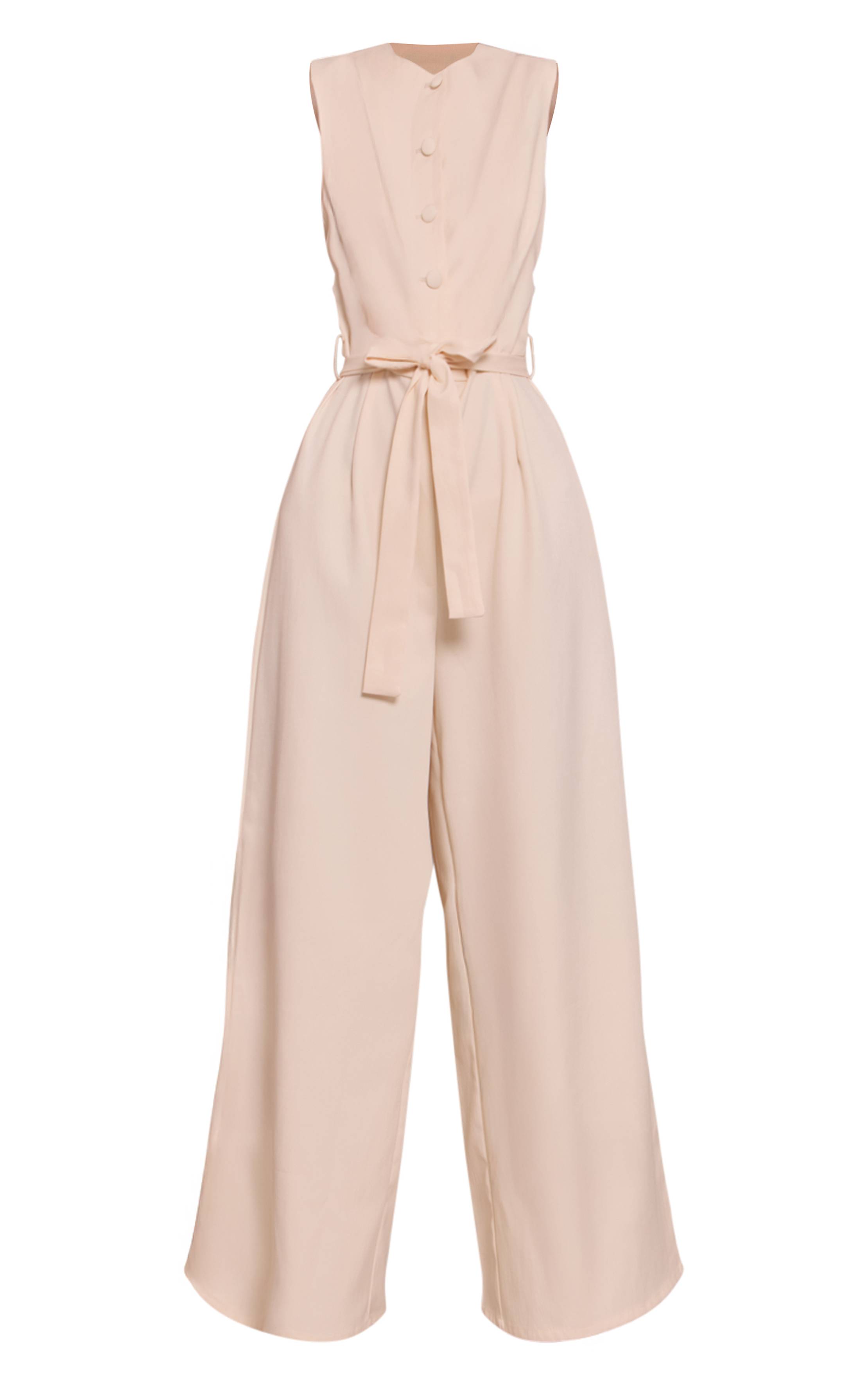 Pale Yellow Combinaison Pantalon Large En Tissu Tissé Avec Ceinture Nouée Et Boutons