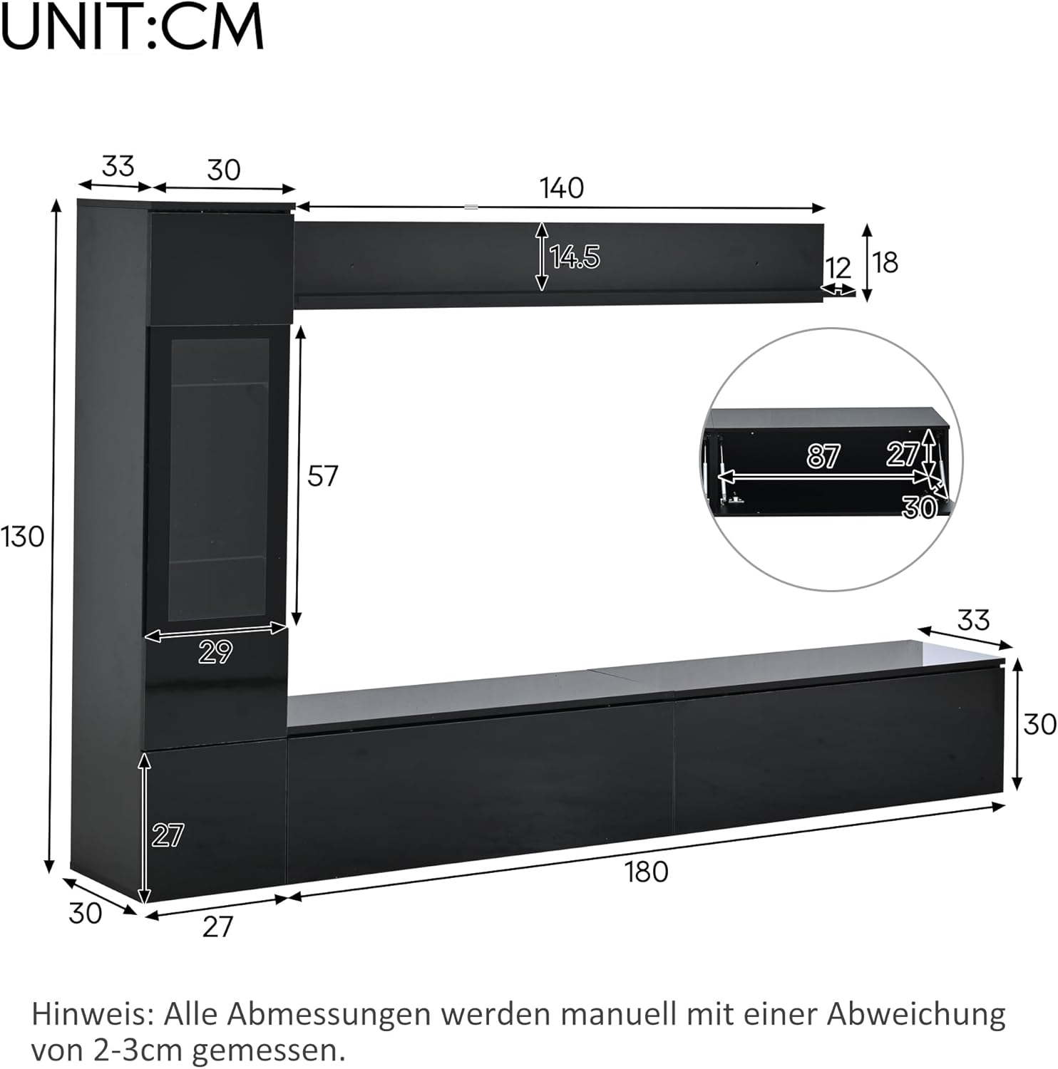 Wiuzo TV Wohnwand Set 3-teilig LED Beleuchtung Hochglanz Schwarz Wohnzimmer Möbel Set Frontale Wohnwand Schwarz 1 x TV Schrank, 1 x Wohnzimmer Vitrine, 1 x Hängeregal, TV bis 80'