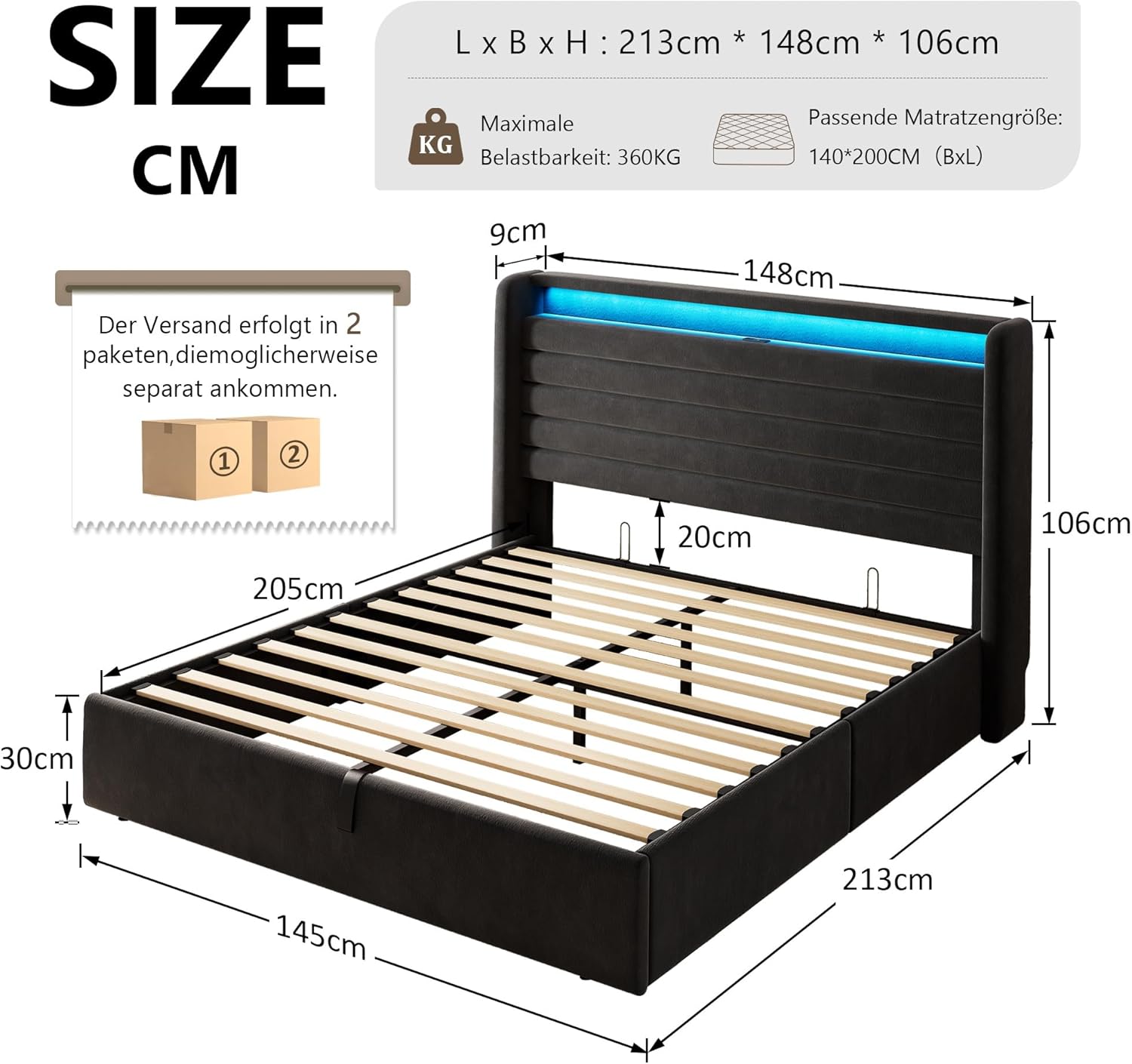 FEONASE Bett 140x200 mit Stauraum, Polsterbett 140x200 cm mit LED-Beleuchtung & Ladestation, Bettgestell mit Hydraulischem und Velous Kopfteil Stauraum, Lattenrost, Ohne Matratze, Dunkelgrau