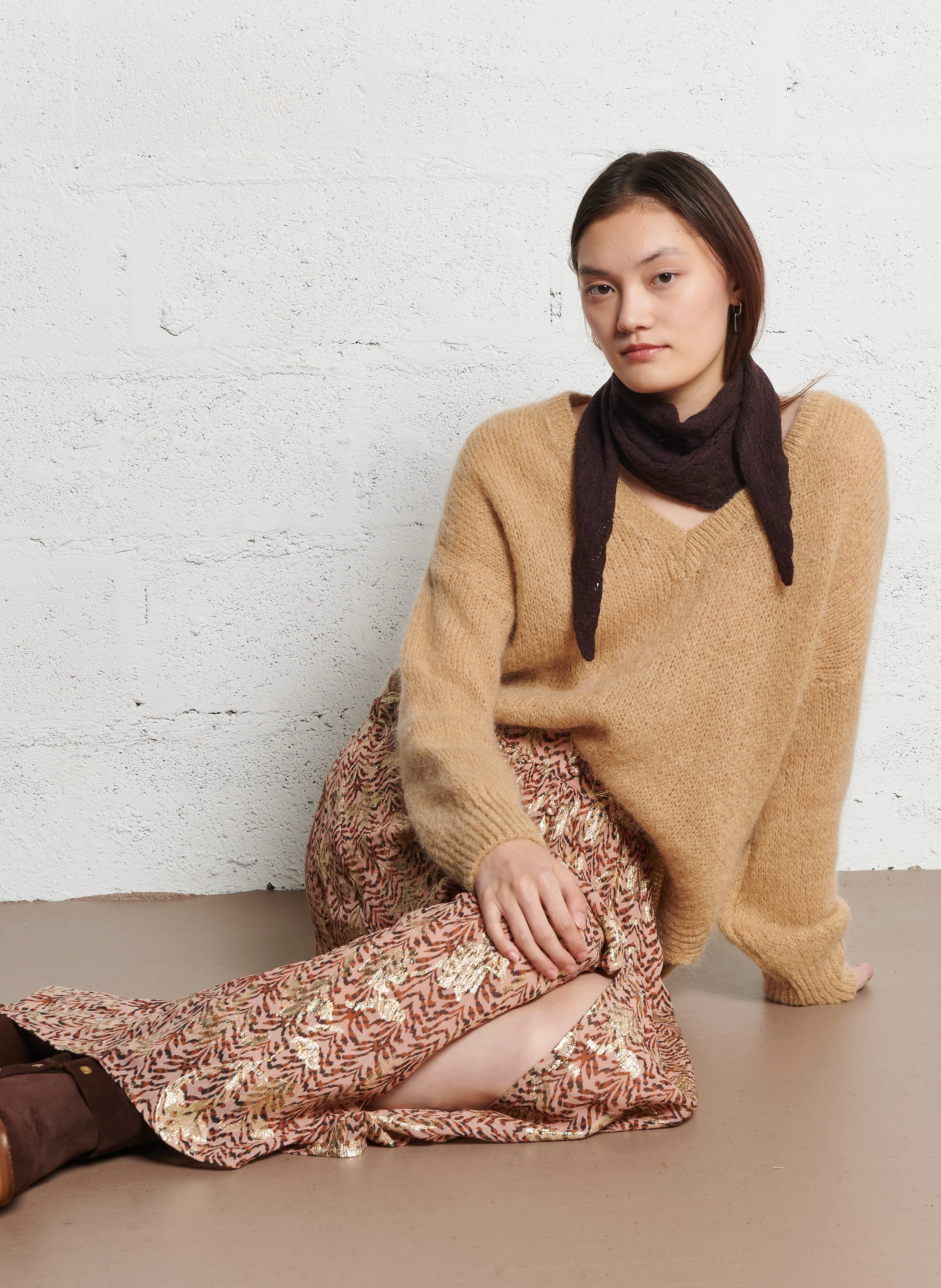 JOAN - Jupe midi fendue à imprimé lurex | Beige