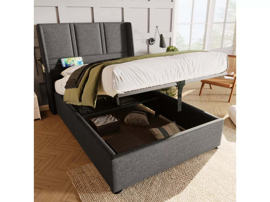 Lit coffre 90 x 200 cm avec tête de lit - Prises USB/Type-C - Tissu en lin - Gris (sans matelas)