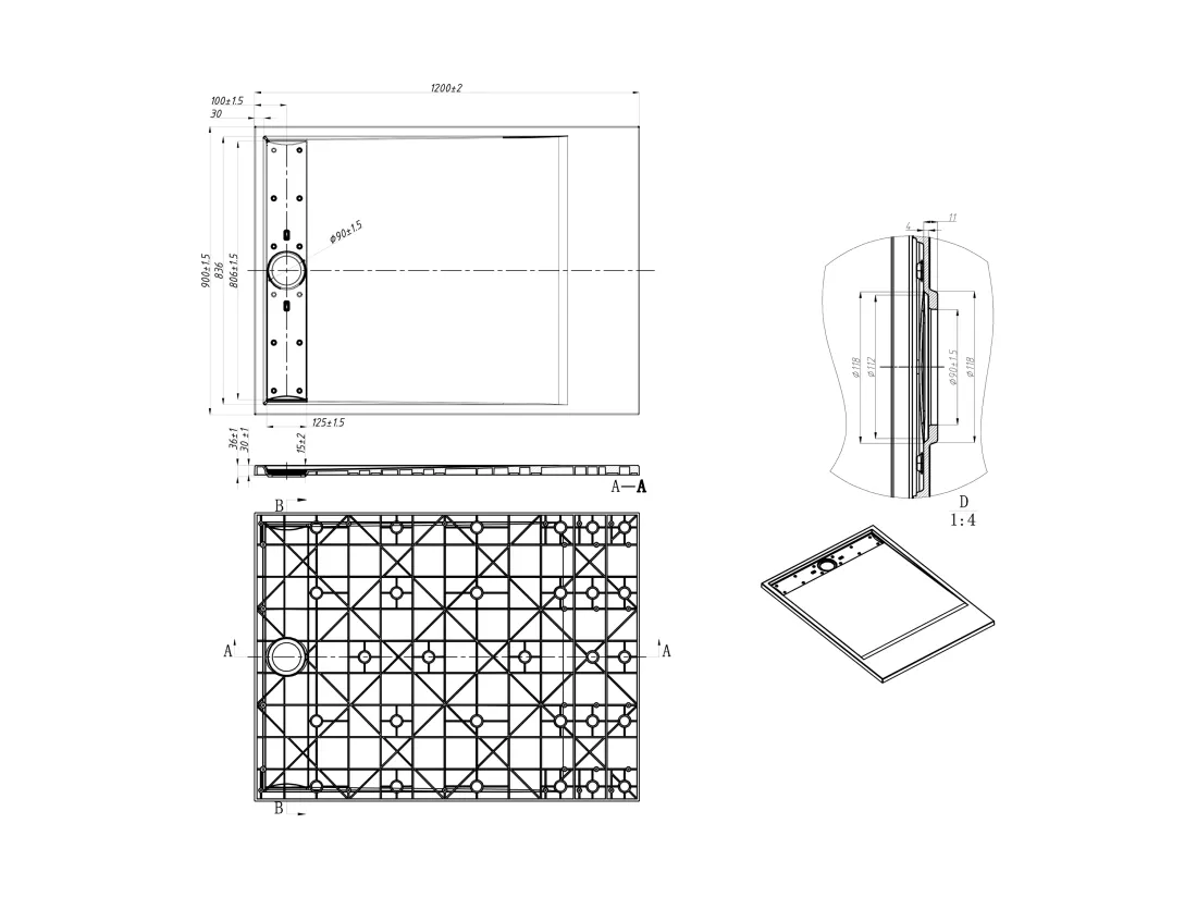 Receveur extra-plat à poser ou à encastrer découpable en résine SMC avec siphon - Noir - 120 x 90 cm - LYROSA