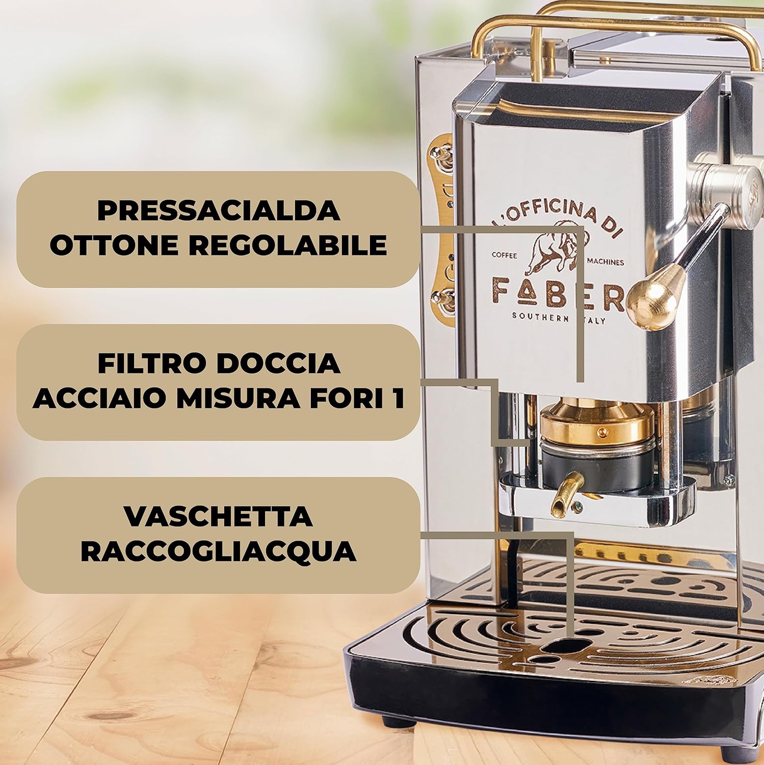 FABER COFFEE MACHINES | Modèle Pro Total Inox Deluxe | Machine à café à dosettes ese 44mm | Pressacialda en laiton réglable | électrovanne de série (laiton)