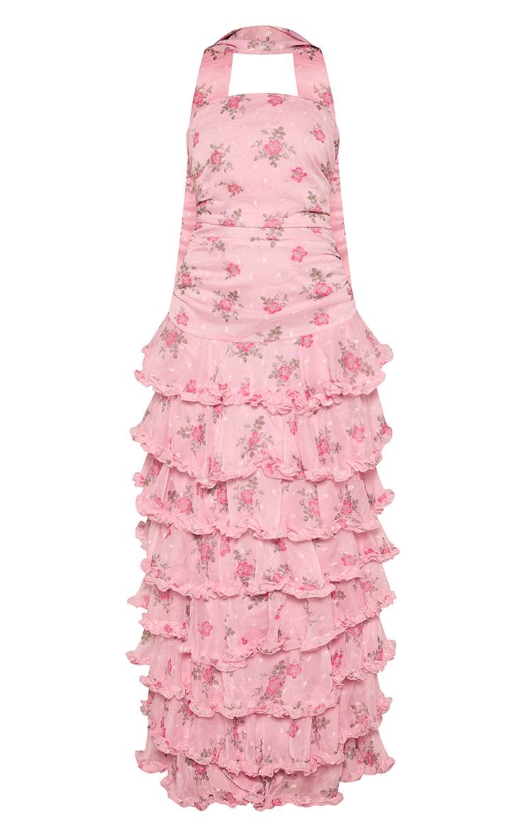 Rose Robe Maxi À Volants Étagés En Mousseline Florale À Imprimé Fleuri Ditsy