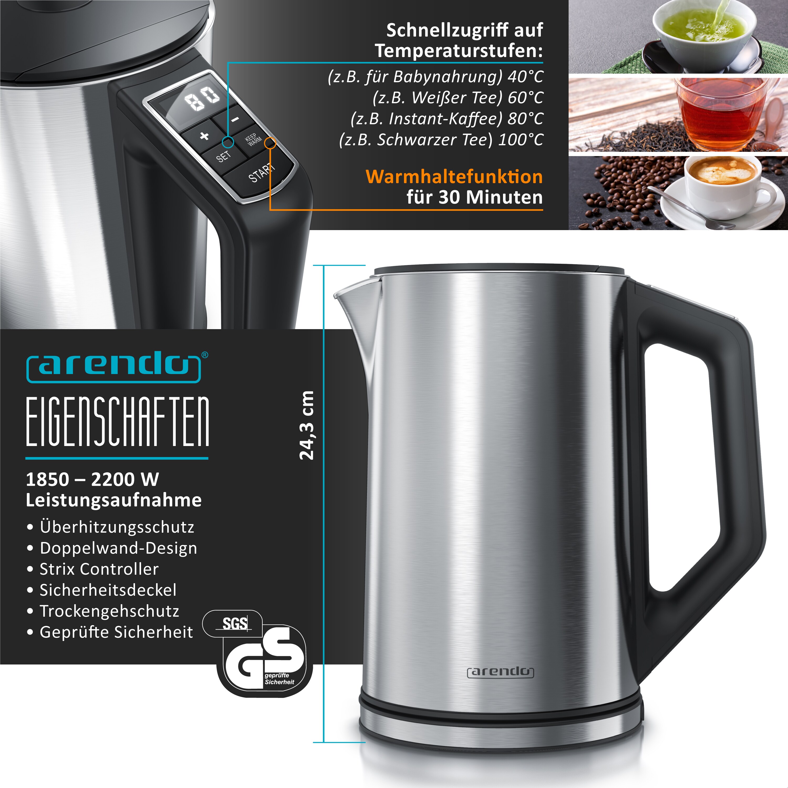 Arendo 2-teiliges Frühstücksset, 7er Eierkocher SEVENCOOK, Edelstahl Wasserkocher 1,5L, Silber
