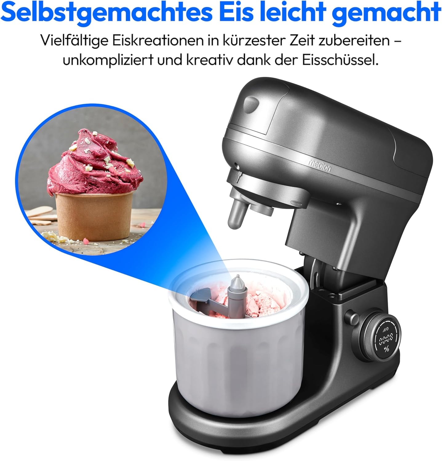 MEDION Küchenmaschine (Mixer, Fleischwolf, Eisschüssel für Zubereitung von Eis, 4 in 1, 1.200 Watt, Reiben Raspeln Schneiden, Digitales Touch Display, Knetmaschine, Teigmaschine, MD18440) Titan