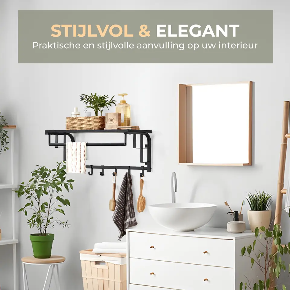 O'DADDY Wandkapstok met 5 Haken - Zwart/Donkergrijs - 66x30x27 cm