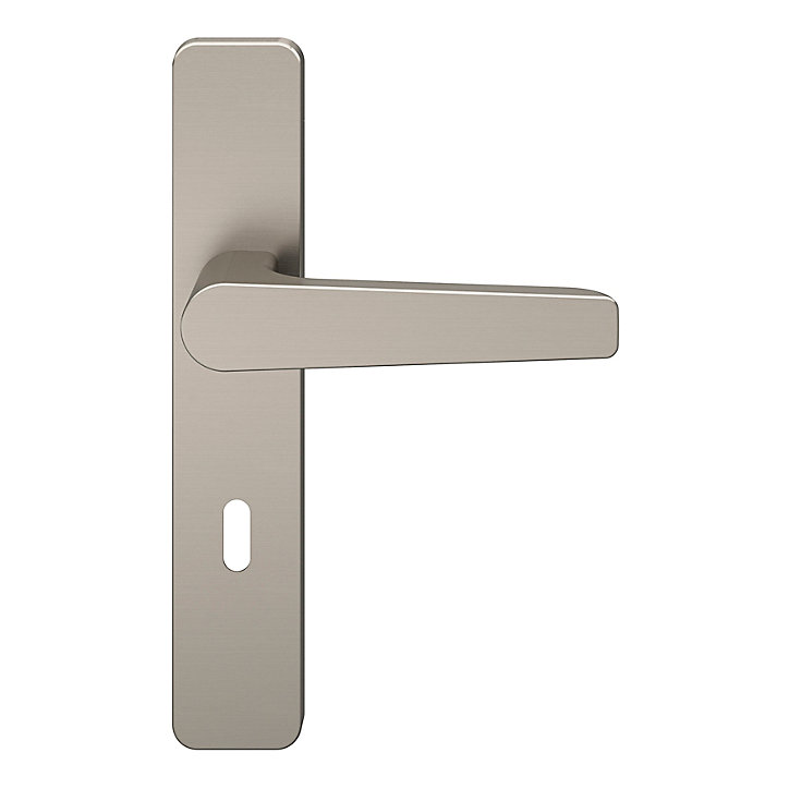 Ensemble poignée sur plaque rectangulaire serrure GoodHome Kerver effet nickel satin gris L.128mm x l.42mm entraxe 165-195mm