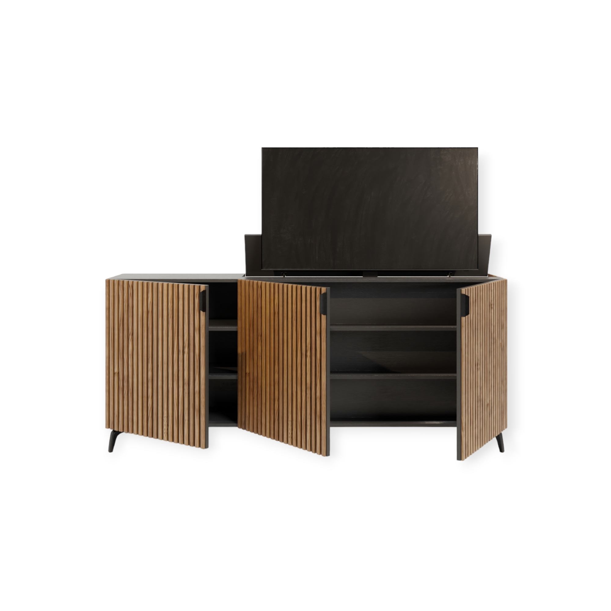TV lift meubel Modern Latjes 55 inch 3 deurs rondom afgewerkt met latjes
