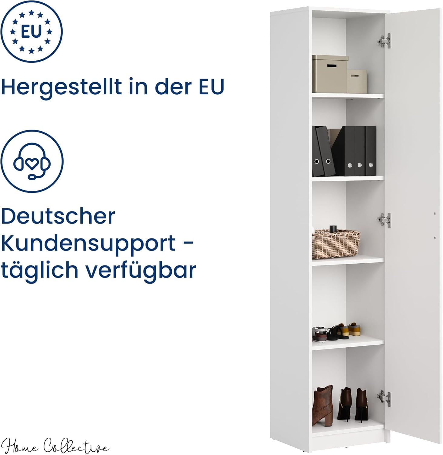Home Collective Regal mit 5 Ebenen in mattem Finish Aktenschrank mit 4 Einlegeböden und 1 Tür, Standregal 39 cm breit mit hochwertigen Polymergriffen ideal für Schlafzimmer Wohnzimmer Flur Büro Weiß