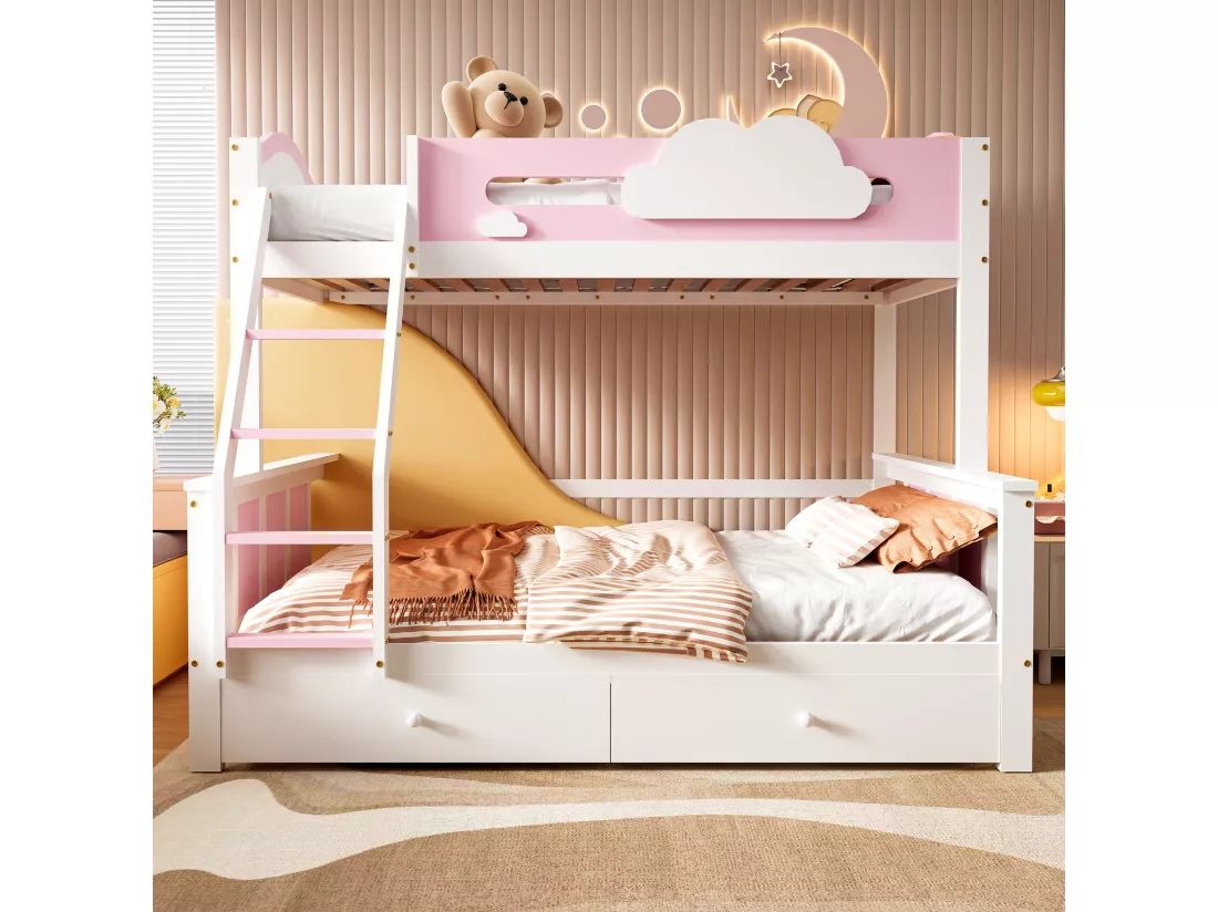 Lit superposé 90x200cm & 120x200cm - avec échelle et 2 tiroirs - en bois de pin et MDF - Blanc & Rose