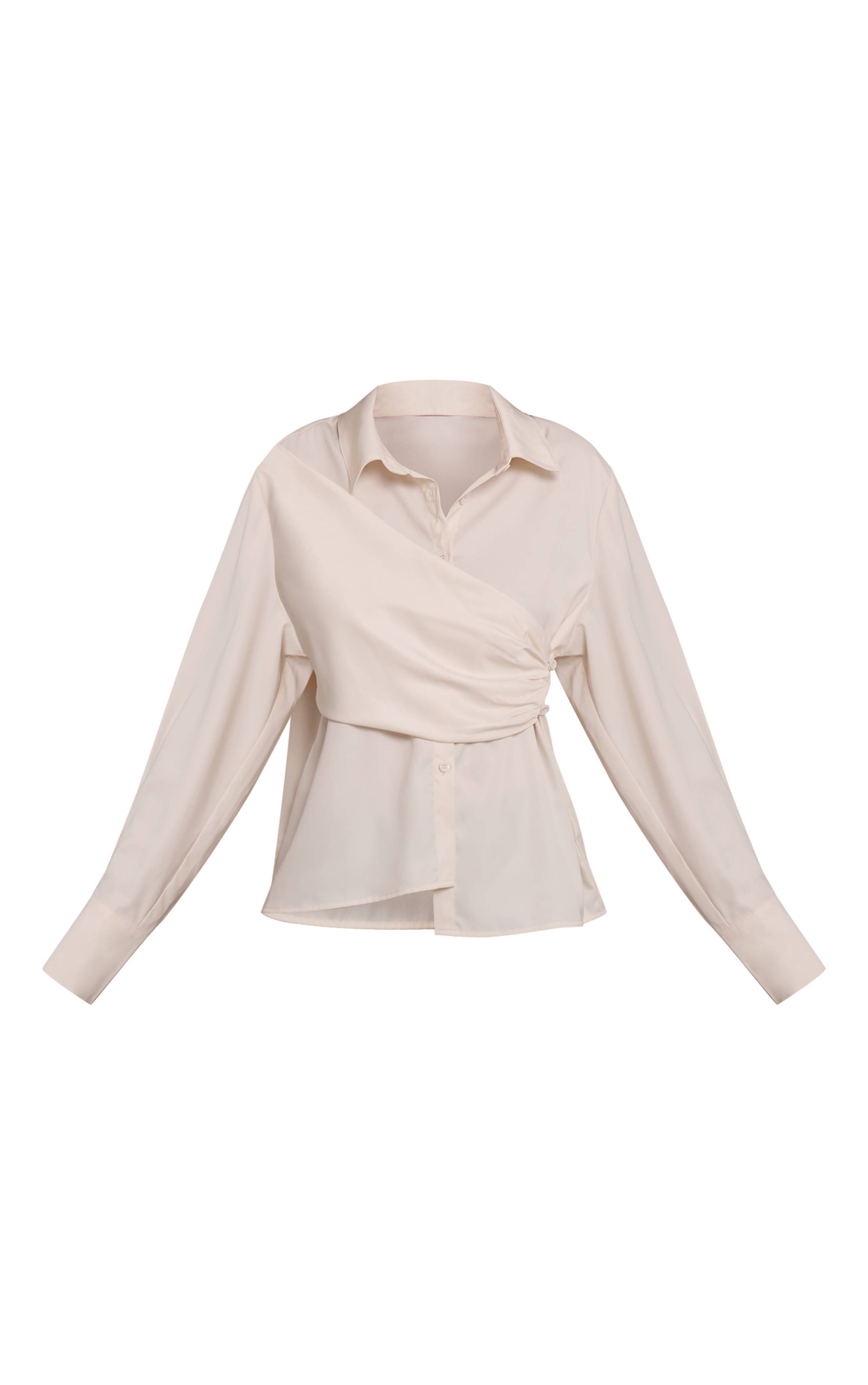 Crème Chemise À Manches Longues En Satin Avec Détail Drapé
