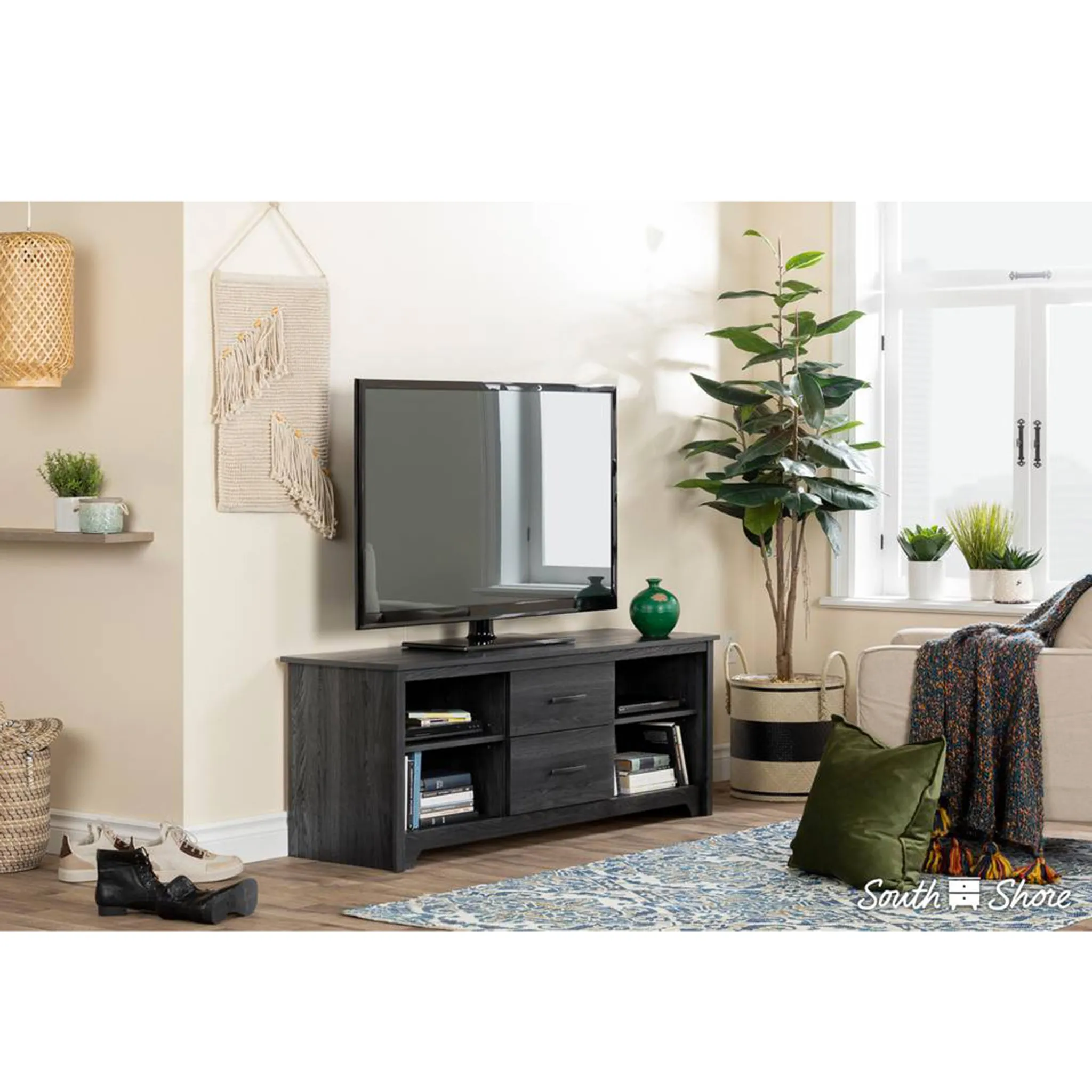 South Shore Meuble TV Fusion avec Tiroirs pour Télé jusqu’à 60 - Chêne Gris