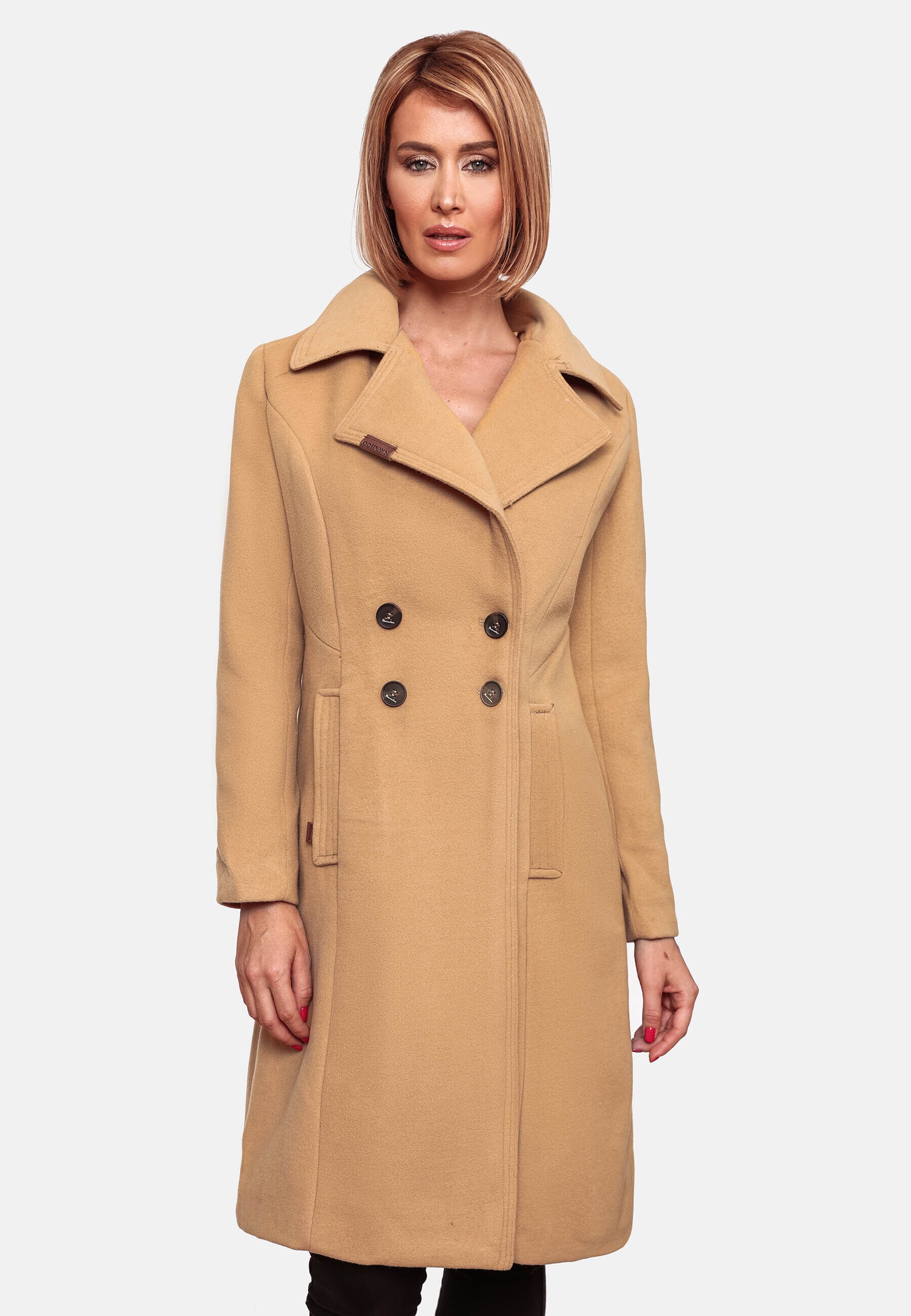 NAVAHOO Damen Designer Wintermantel Trenchcoat in Wollmantel-Optik Wooly