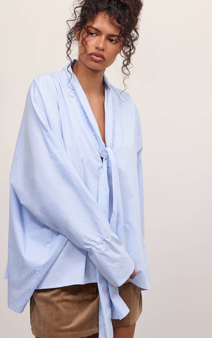 Bleu Chemise Ample À Rayures Fines Avec Détail De Lien Noué