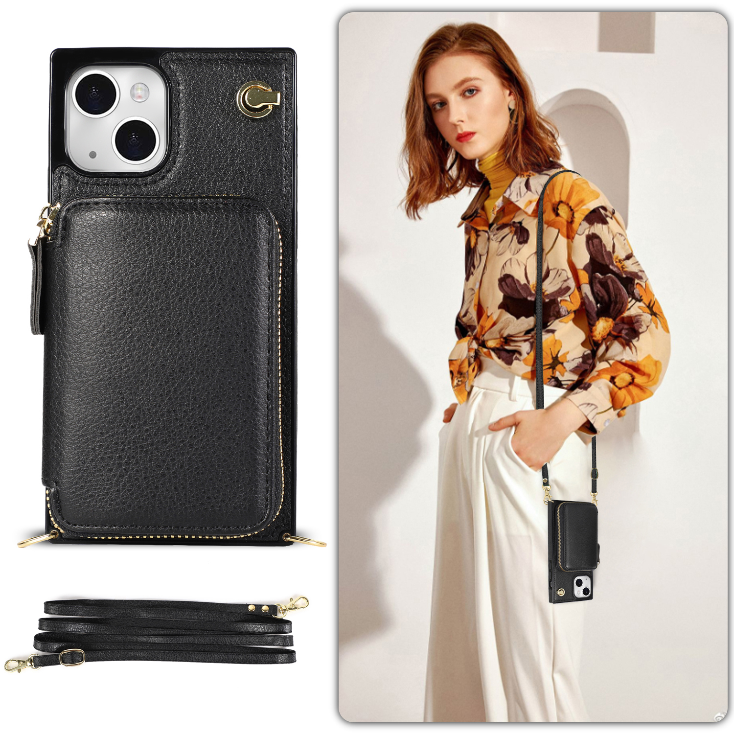 iPhone 13 Necklace Leder Schutz Hülle mit Kartenfächer   Handykette (140cm) - Schwarz