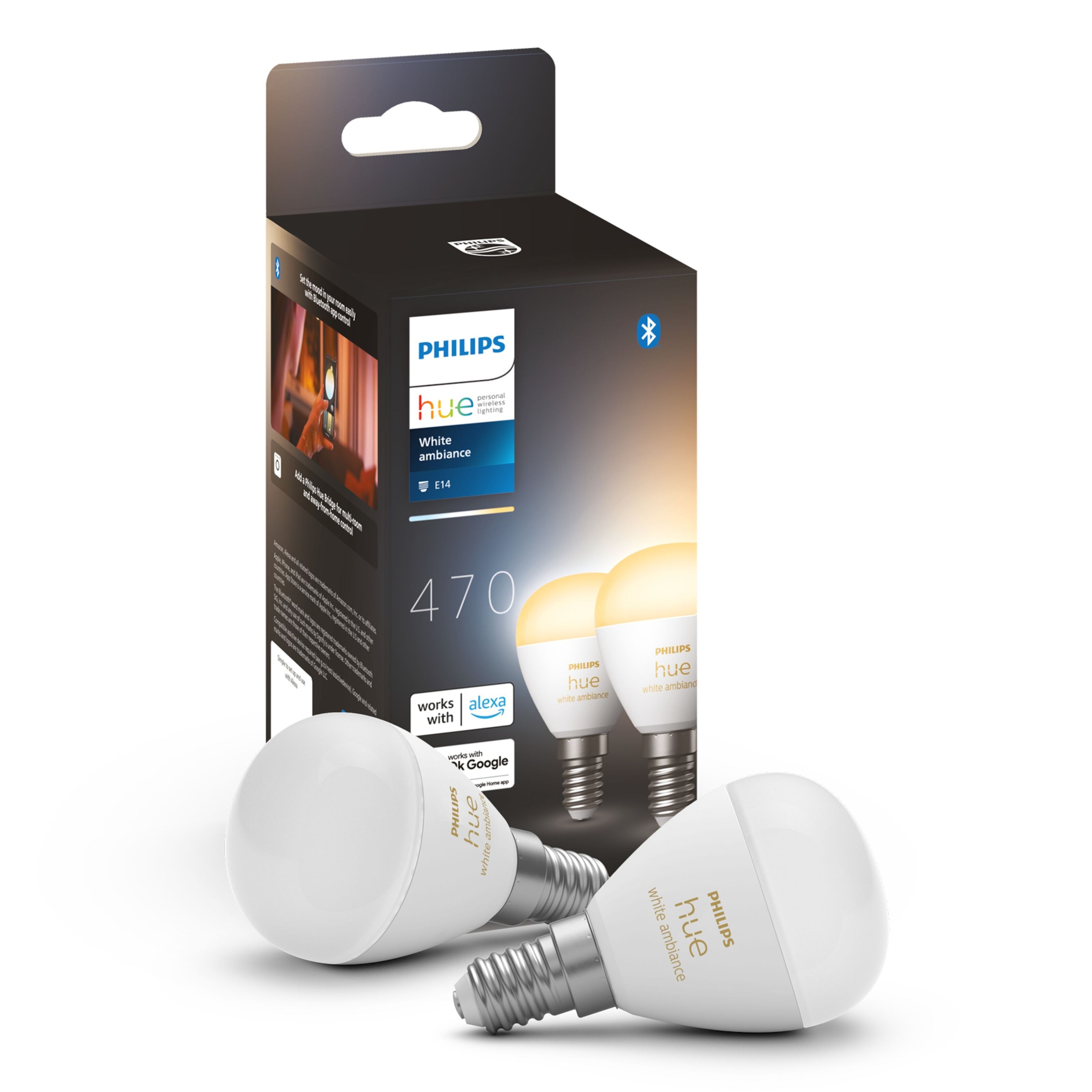 Philips Hue Luster Kuleformet LED-pære White Ambiance E14 470 lm 2-pk.