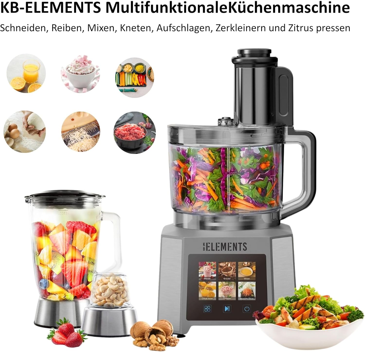 Küchenmaschine - Mixer, Gemüseschreider, 1000W Voll Kupfer Motor, Full Touch Display, 3 Liter Schüßel, Doppelschneideklinge, Edelstahl
