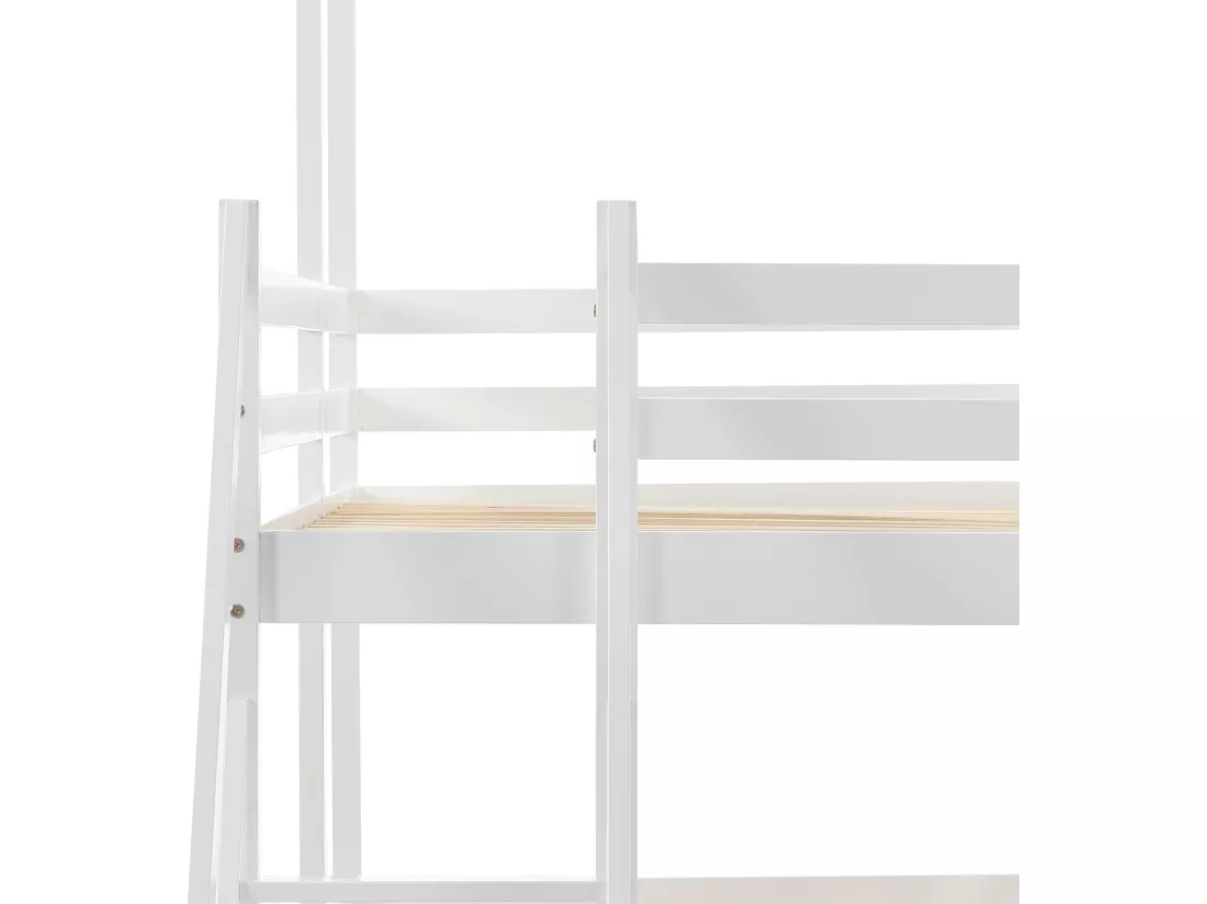 Lit superposé 2 places - 2 x 90 x 200 cm - escalier, fenêtre et sommier à lattes - coloris blanc