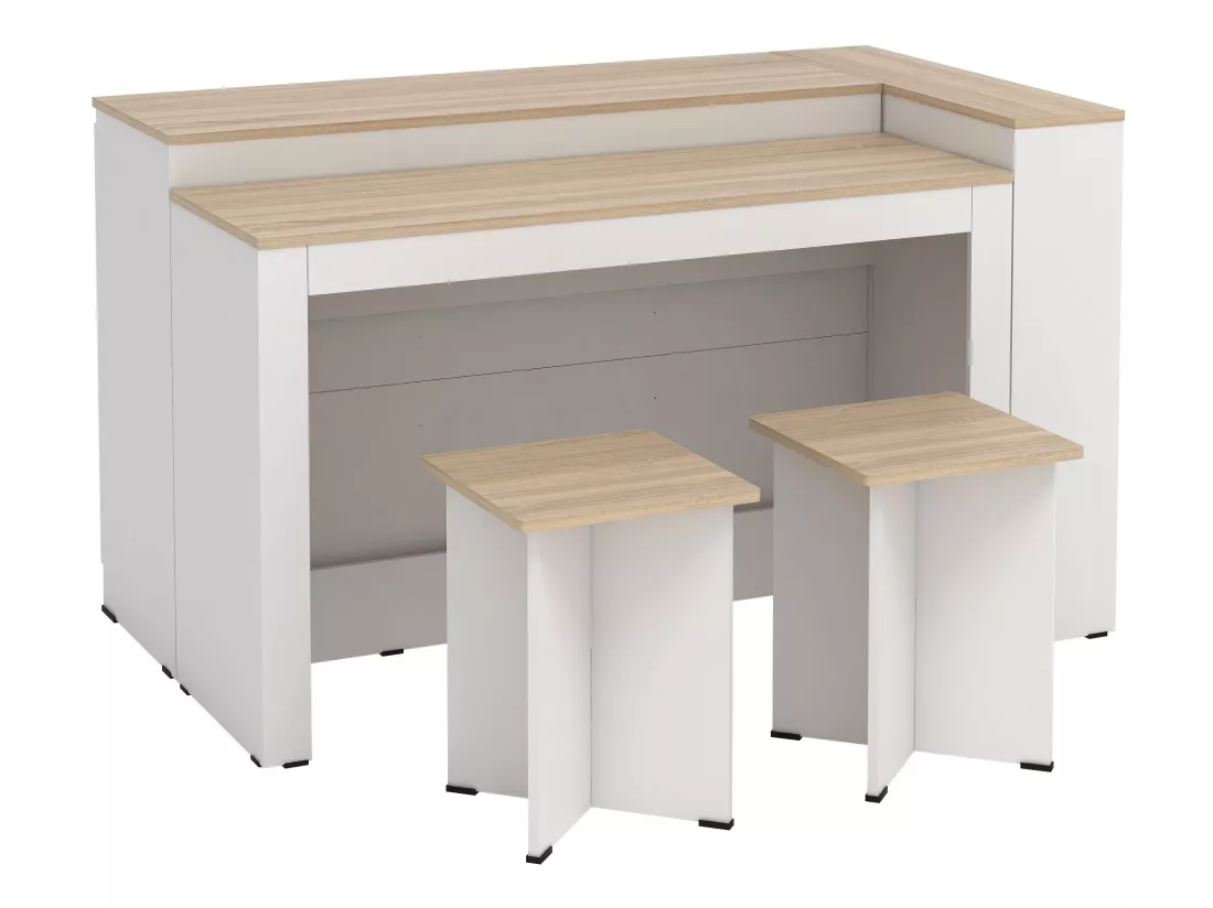 Ensemble îlot central de cuisine + 2 tabourets - Blanc et Naturel clair - NUSICE
