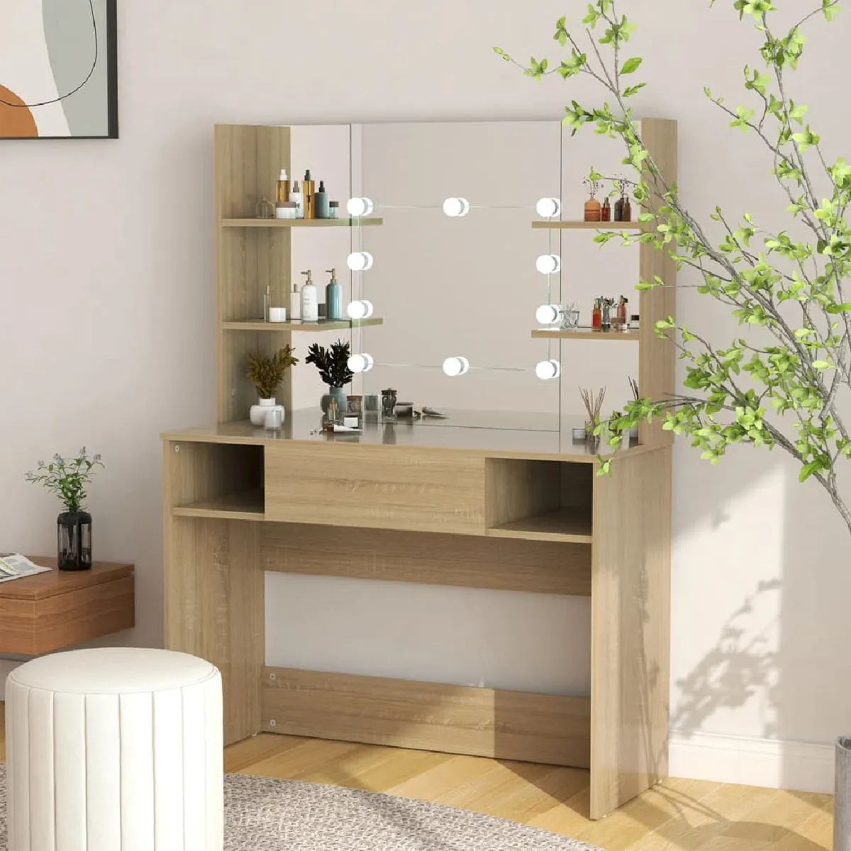 vidaXL Table de Maquillage avec LED - Chêne
