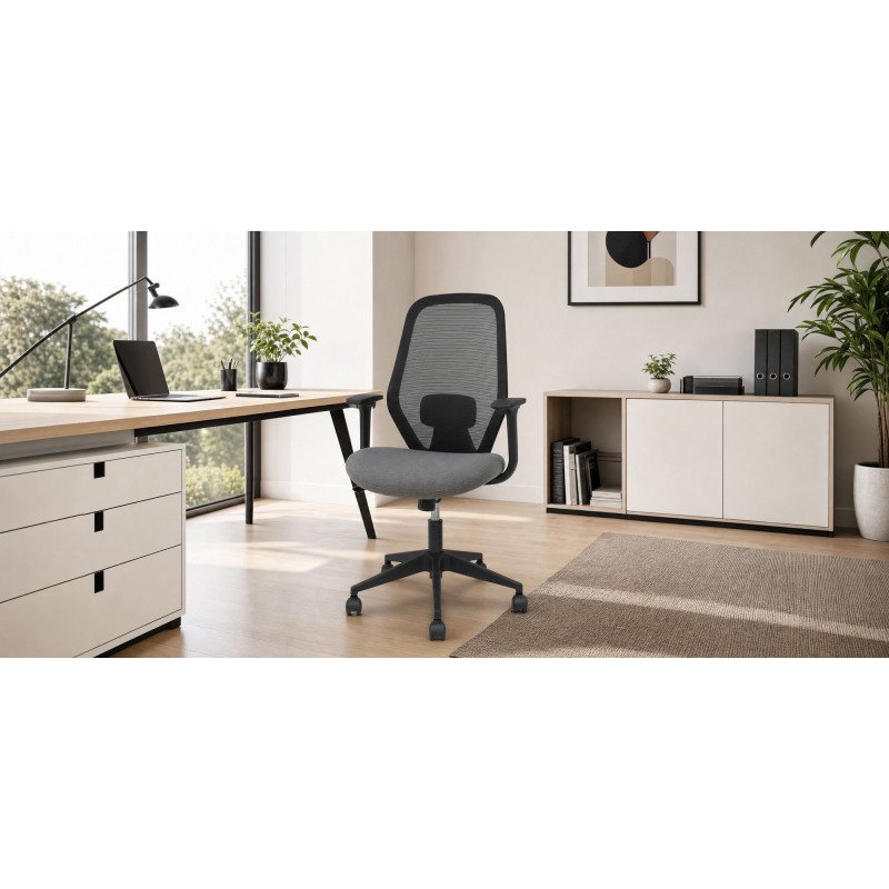 Chaise de bureau- Ergo529, dossier en maille noire, assise en tissu gris, piètement pyramidal, roulettes en nylon