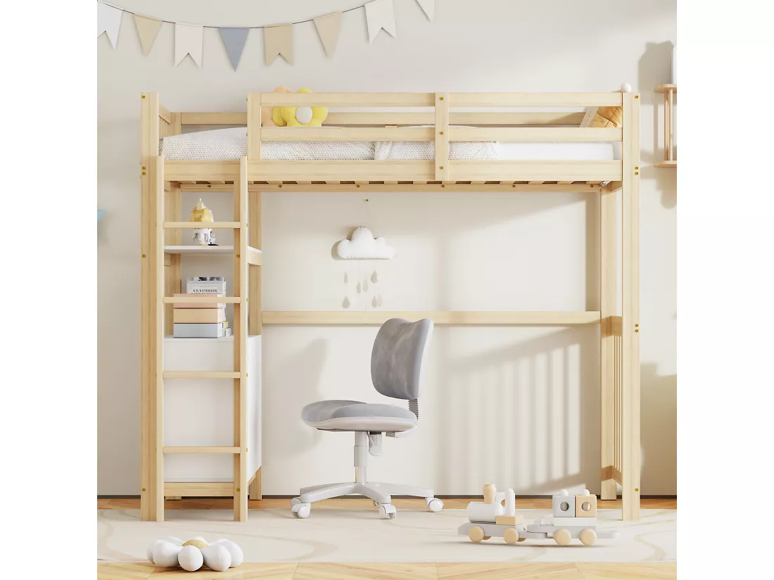 Lit mezzanine 90 x 200 cm avec avec bureau, étagère & 6 tiroirs - bois de pin et MDF - blanc et naturel (sans matelas)