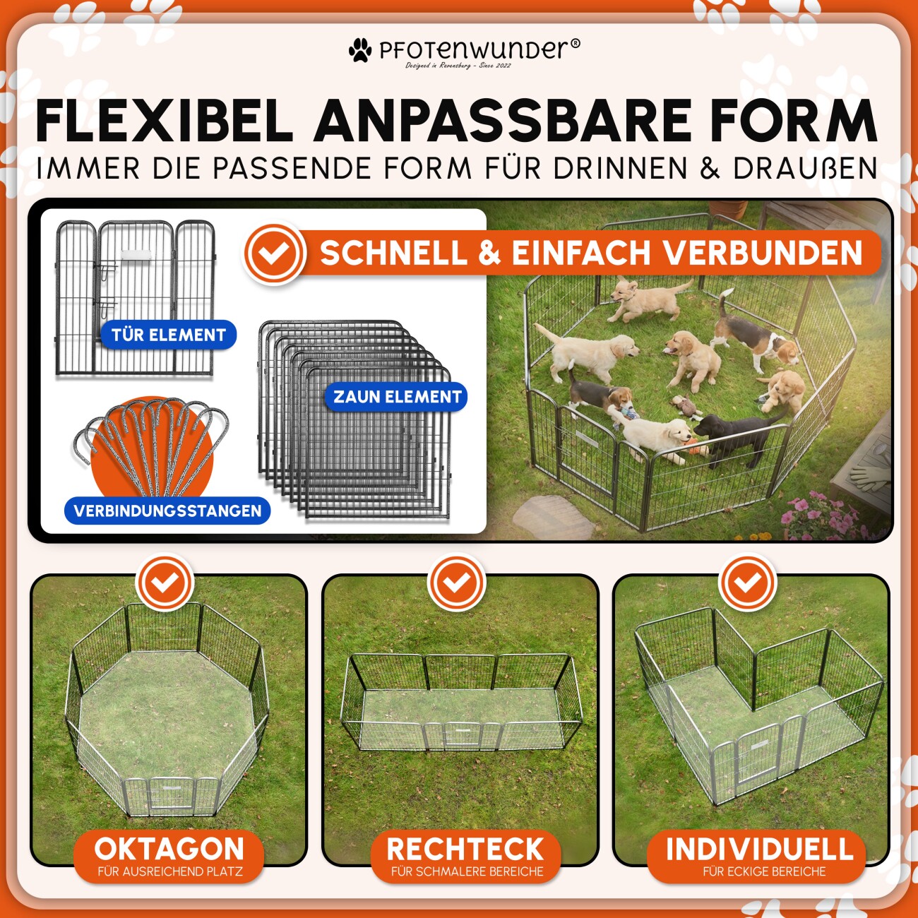 PfotenWunder® Welpenlaufstall 8-teilig, 80cm hoch, 2x2m + 1 Hundebett & 1 Trainingsbuch | Welpenauslauf, Hunde-Laufstall faltbar mit Tür, Tierlaufstall indoor outdoor wetterfest