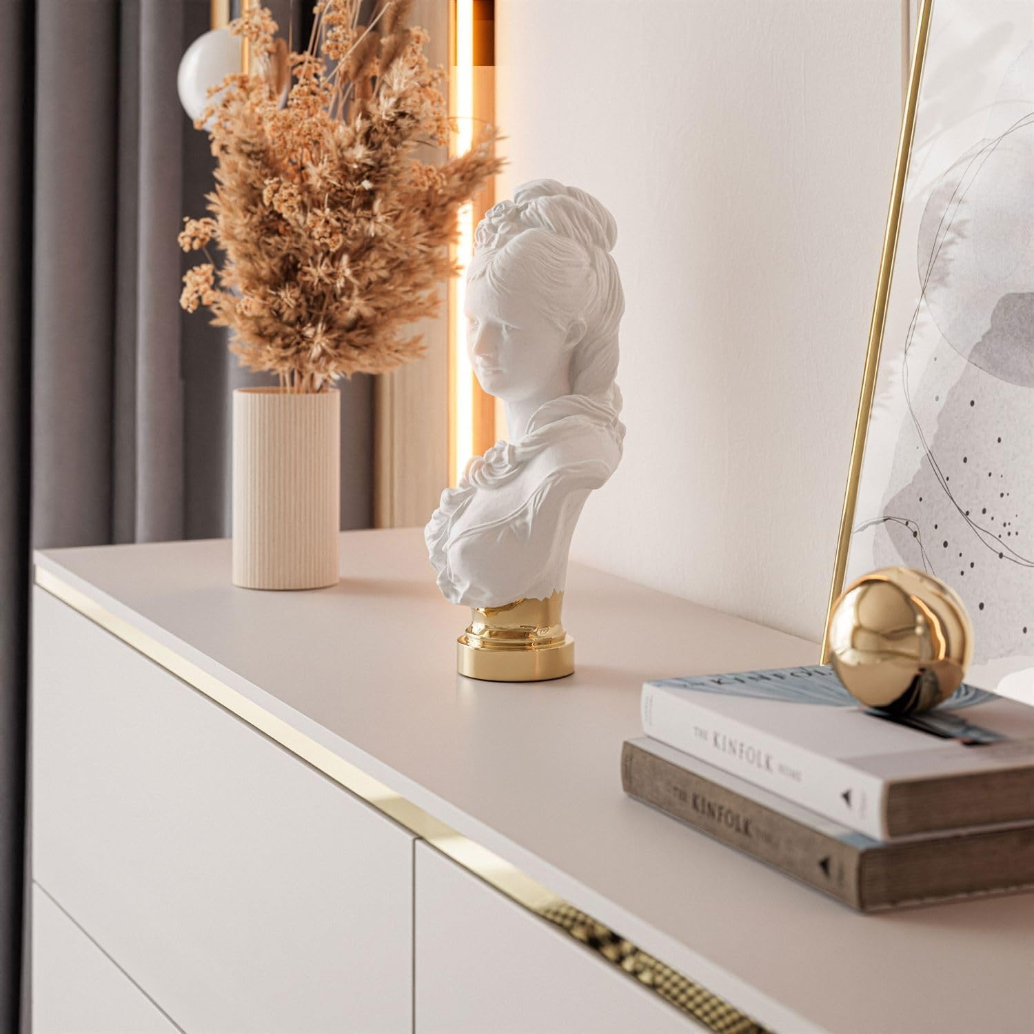 Lookway Kommode Aurora Kaschmir 6 Schubladen Weiß Hochglanz mit Golddekor, Hängend oder auf Goldfüßen – Modernes Design & Luxus für Wohnzimmer (Schräge Füße – Gold Chrom)