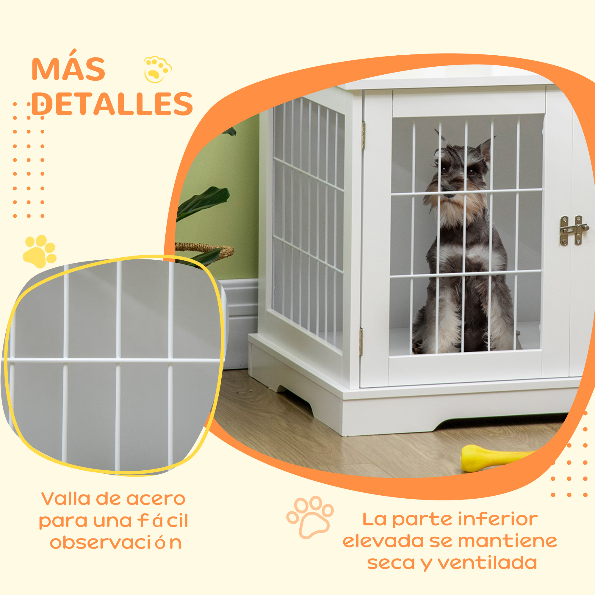 Conjunto para animais de estimação PawHut, gaiola de madeira para cães com 2 portas e comedouro elevado com 2 tigelas removíveis de aço, 76x54,5x56 cm, 44x24x15 cm, branco