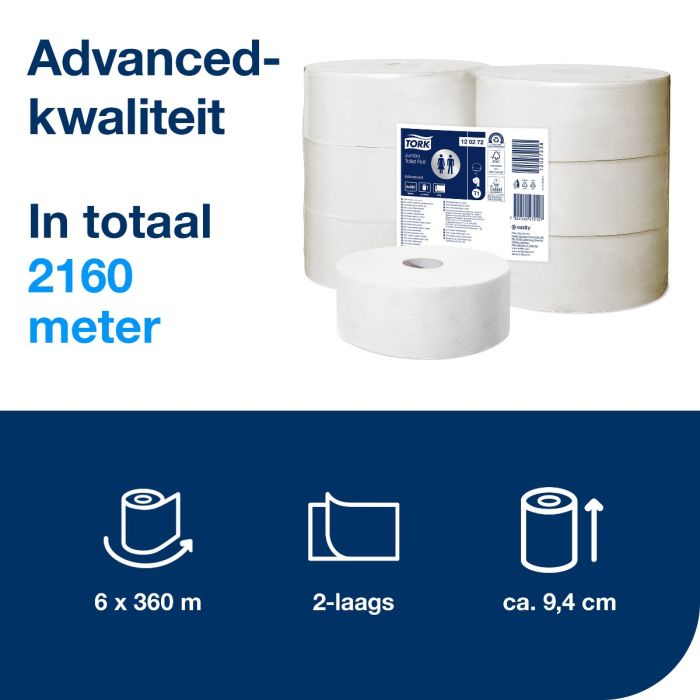 Tork 120272 toiletpapier jumbo 2-lgs wit 360 mtr x 10 cm pak à 6 rol (120272)