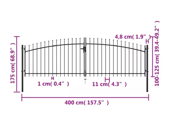 Double portail avec haut sous forme de lance 400 x 175 cm