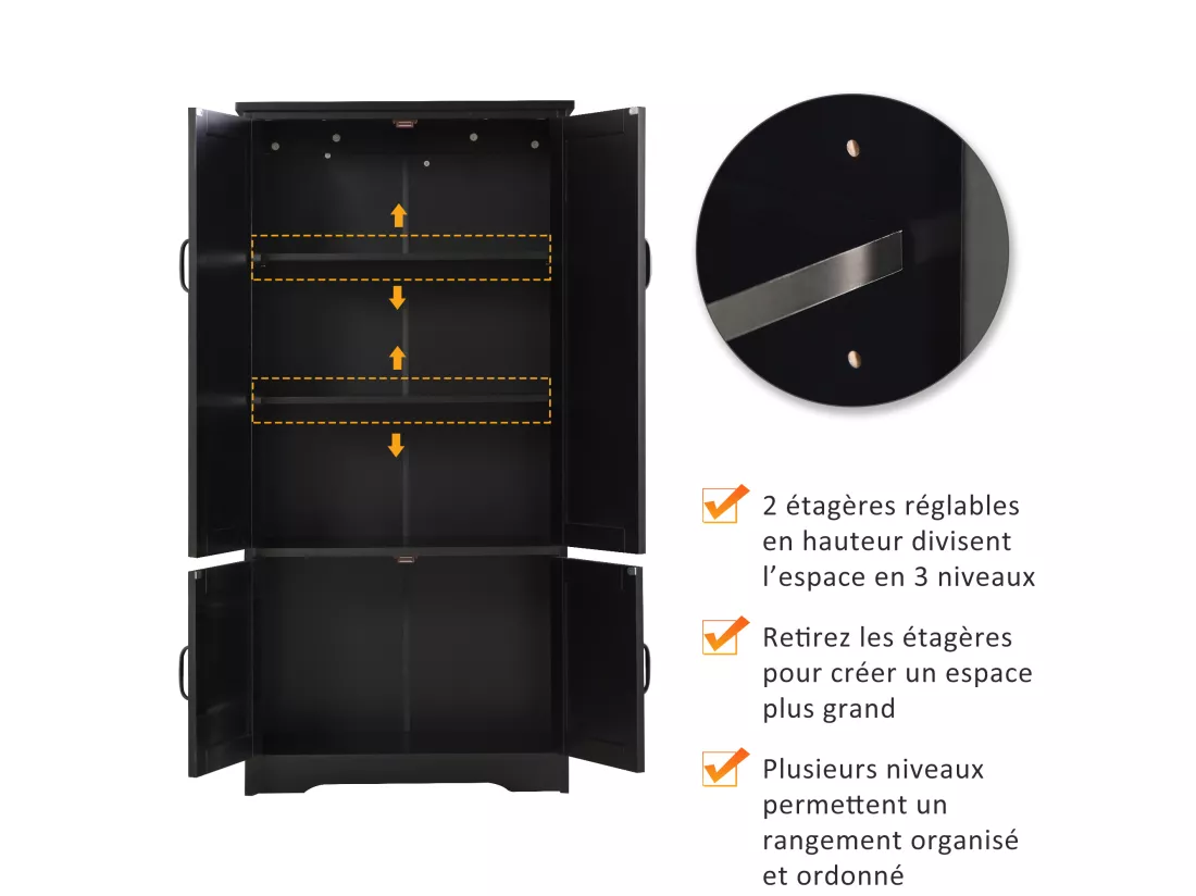 Armoire de cuisine contemporaine multi-rangements 2 placards 3 étagères MDF panneaux particules noir