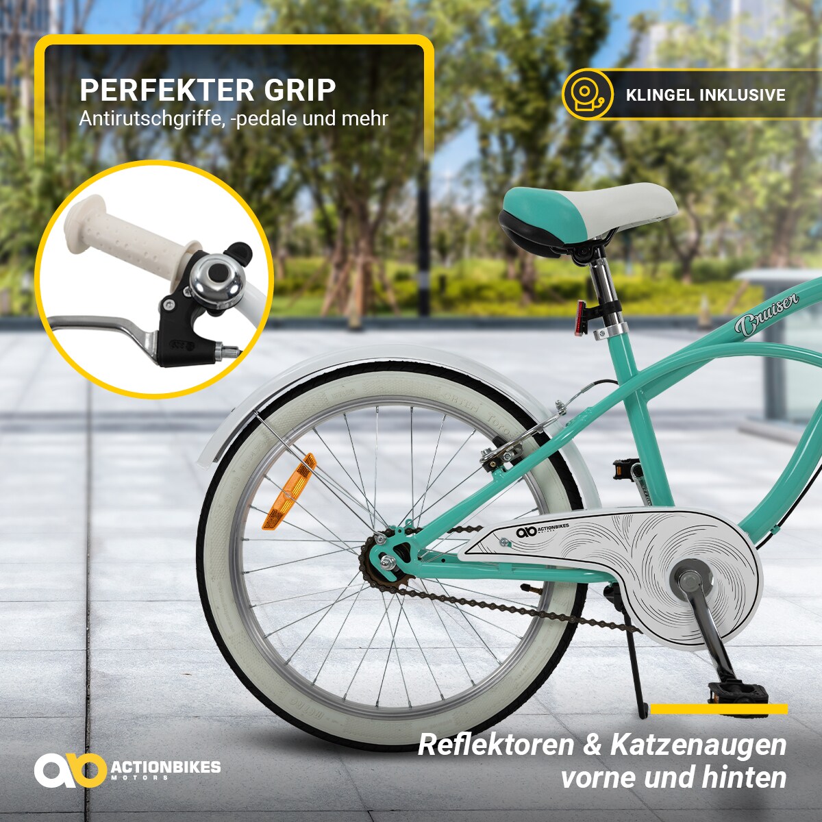 Actionbikes Kinderfahrrad Cruiser 20 Zoll, Rosa/Türkis, verstellbar, Seitenständer, V-Brake-Bremsen (Türkis)