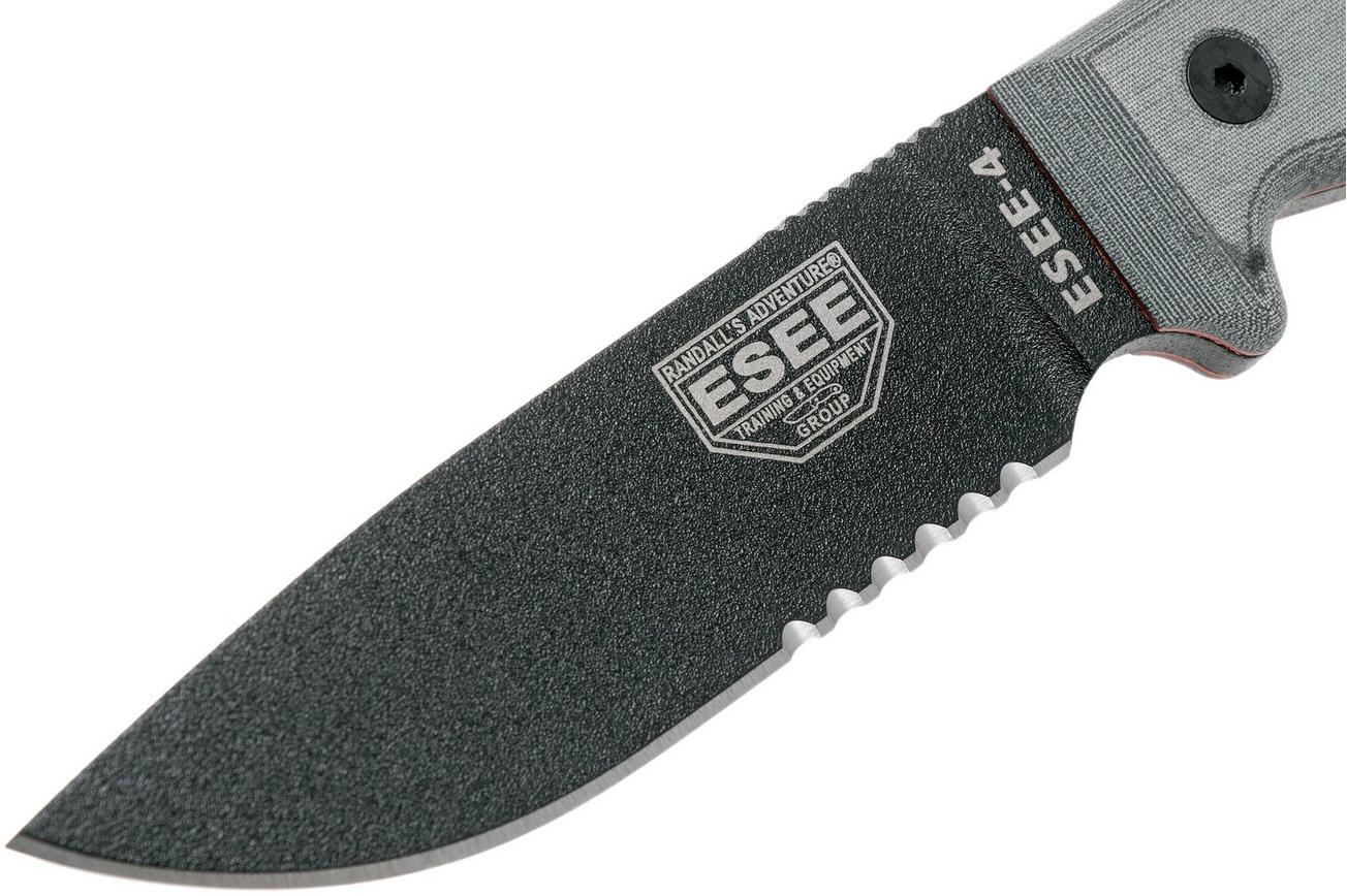 ESEE Model 4 serrated blade, grey handle 4S-MB-B met zwarte schede   clip en MOLLE-back