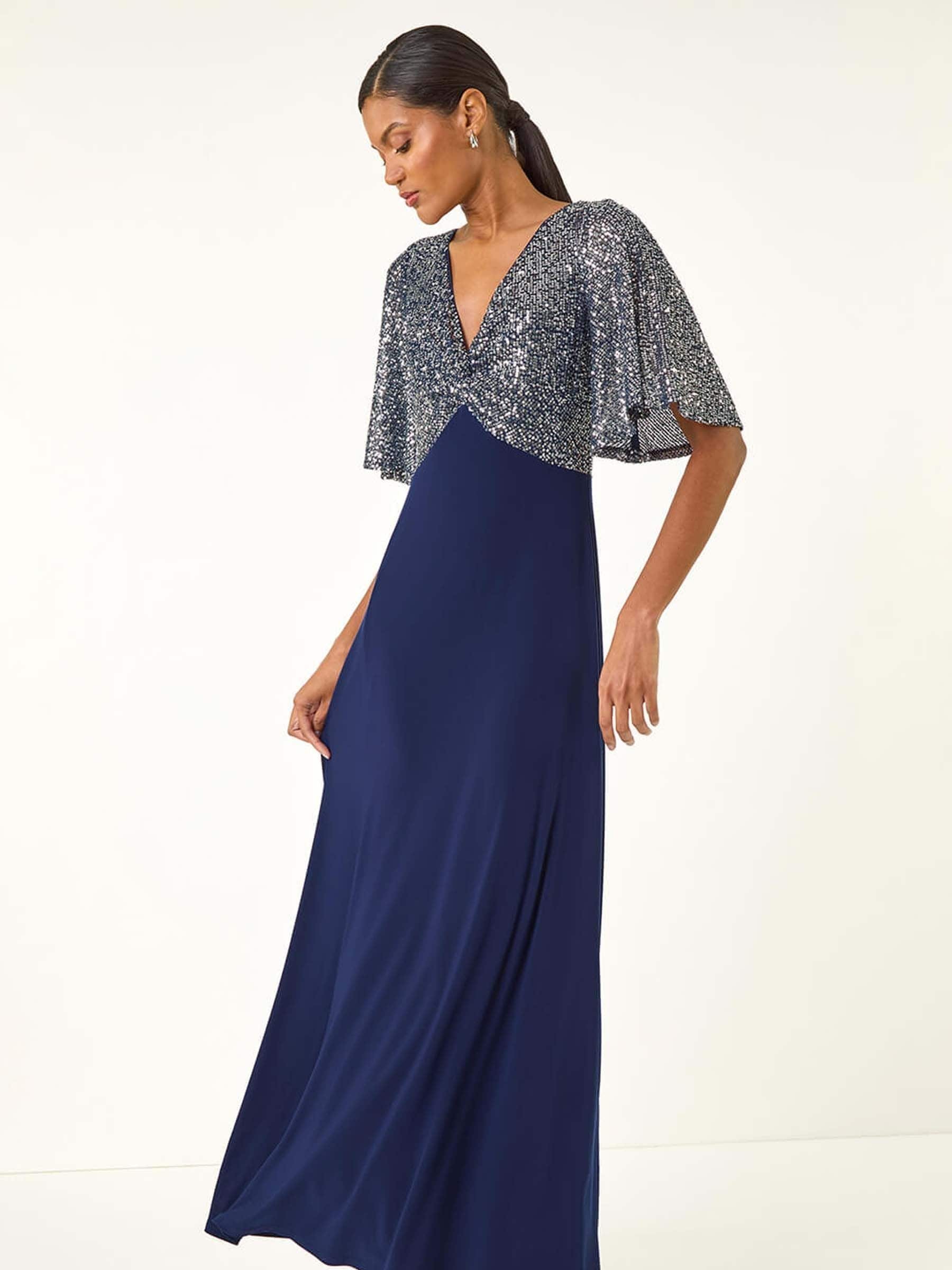 Roman Sequin Flutter Sleeve Midi Dress
