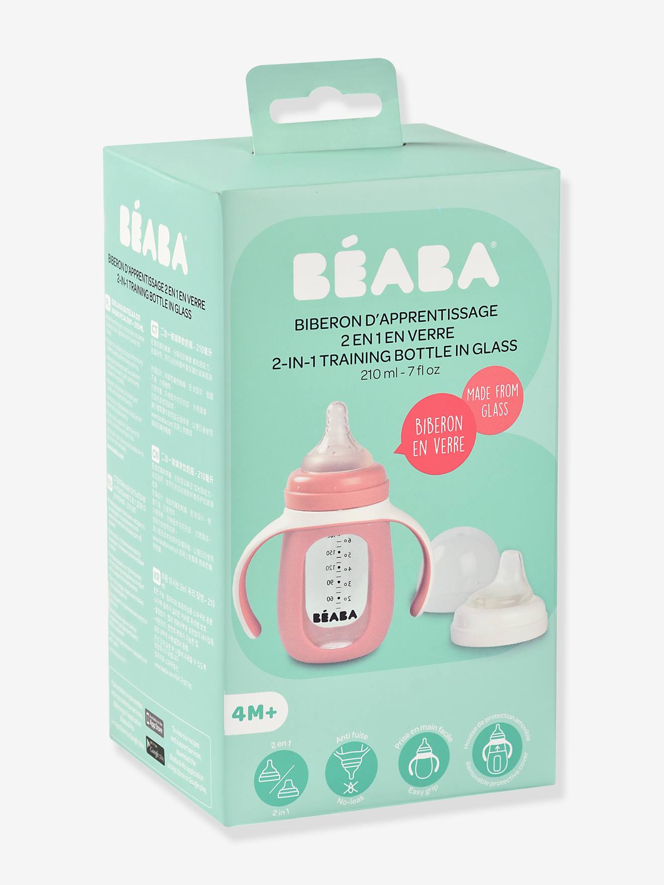 Garrafa/Copo de Vidro 2 em 1 BEABA (210 ml) Rosa