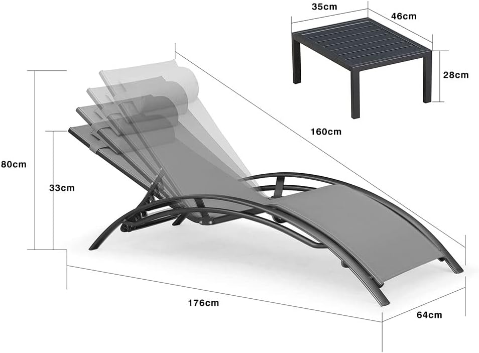 PURPLE LEAF 2-er Set Sonnenliege, Aluminium Gartenliege mit Beistelltisch und Kopfkissen, Wetterfest, 4-Fach Verstellbar, Stapelbar,150 KG Belastung, Diverse Farben, Grau