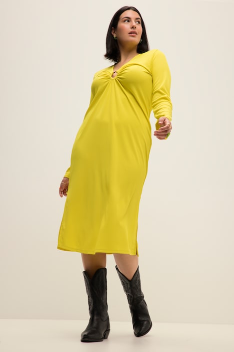 Midikleid, A-Line, Ripp-Jersey, V-Ausschnitt, Zierring, Langarm