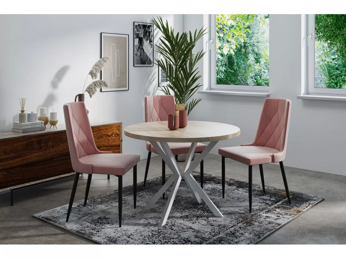 Table à Manger Extensible Ronde - Table Style Loft Avec Blanc Pieds En Métal - 100 à 180 Cm - Table Ronde Style Industriel Pour Le Salon - Compacte - Chêne Sonoma -