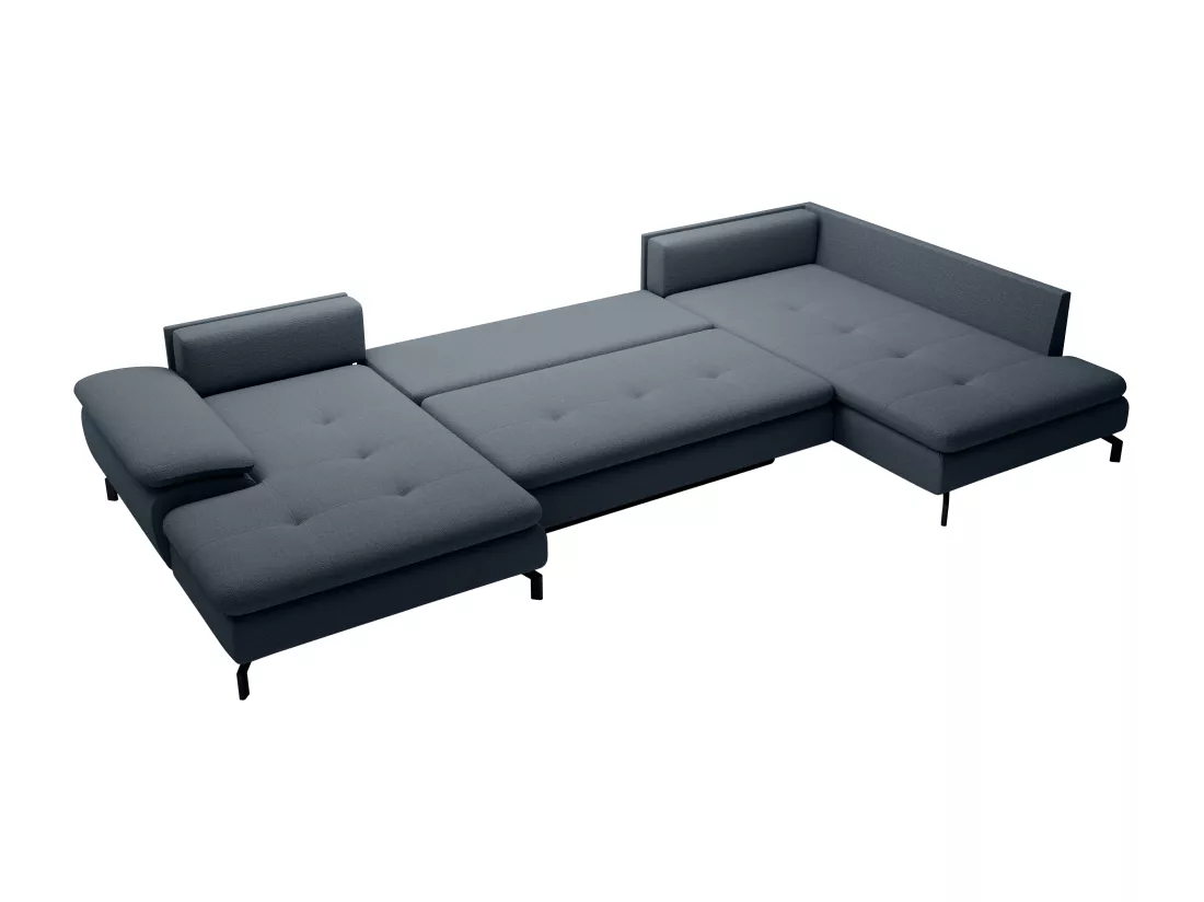 Grand canapé d'angle droit panoramique convertible en tissu texturé bleu ARCHIBALD