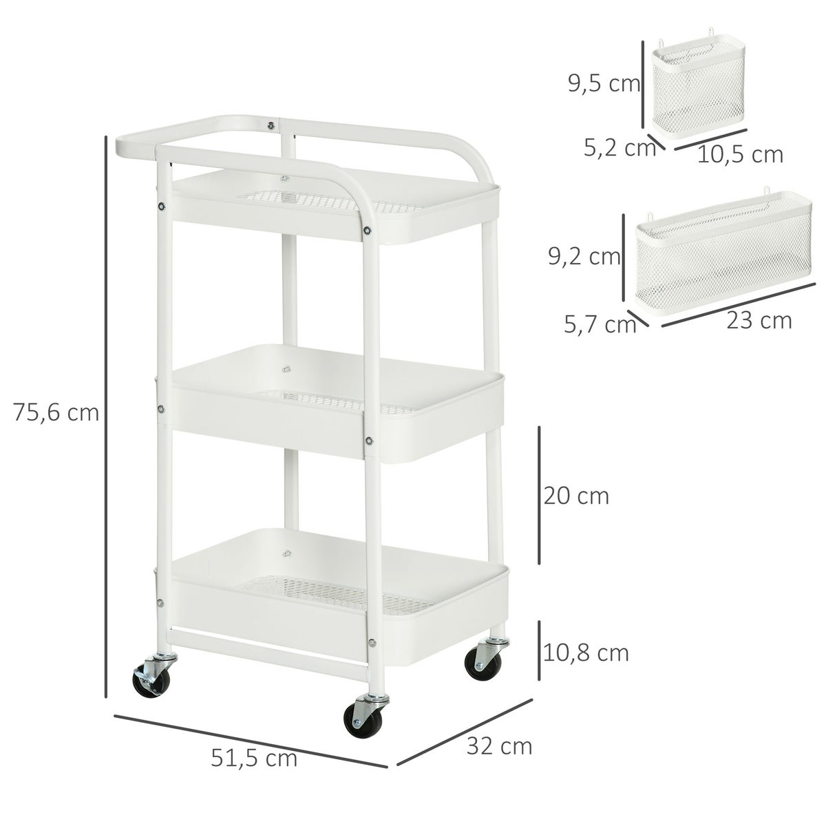 HOMCOM 3-laags verrijdbare keukenwagen met lades en mand voor keuken, kantoor, opbergwagen, serveerwagen, keukenplank met wielen, slaapkamer, woonkamer, staal, wit, 51,5 x 32 x 75,6 cm