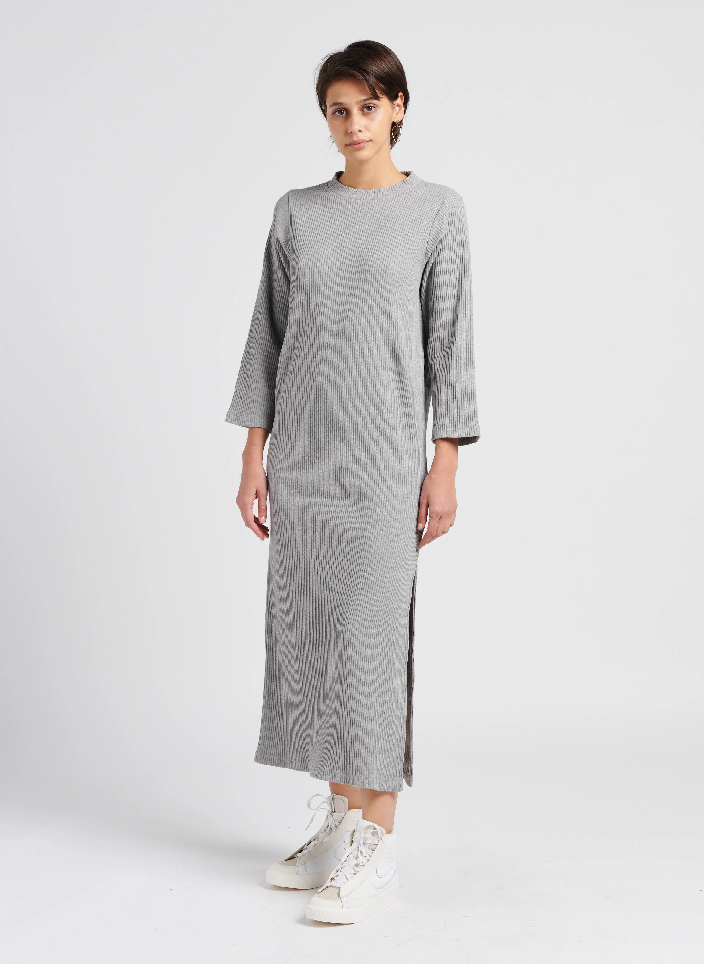 LE VIVIENNE - Robe longue col rond en coton mélangé| Gris