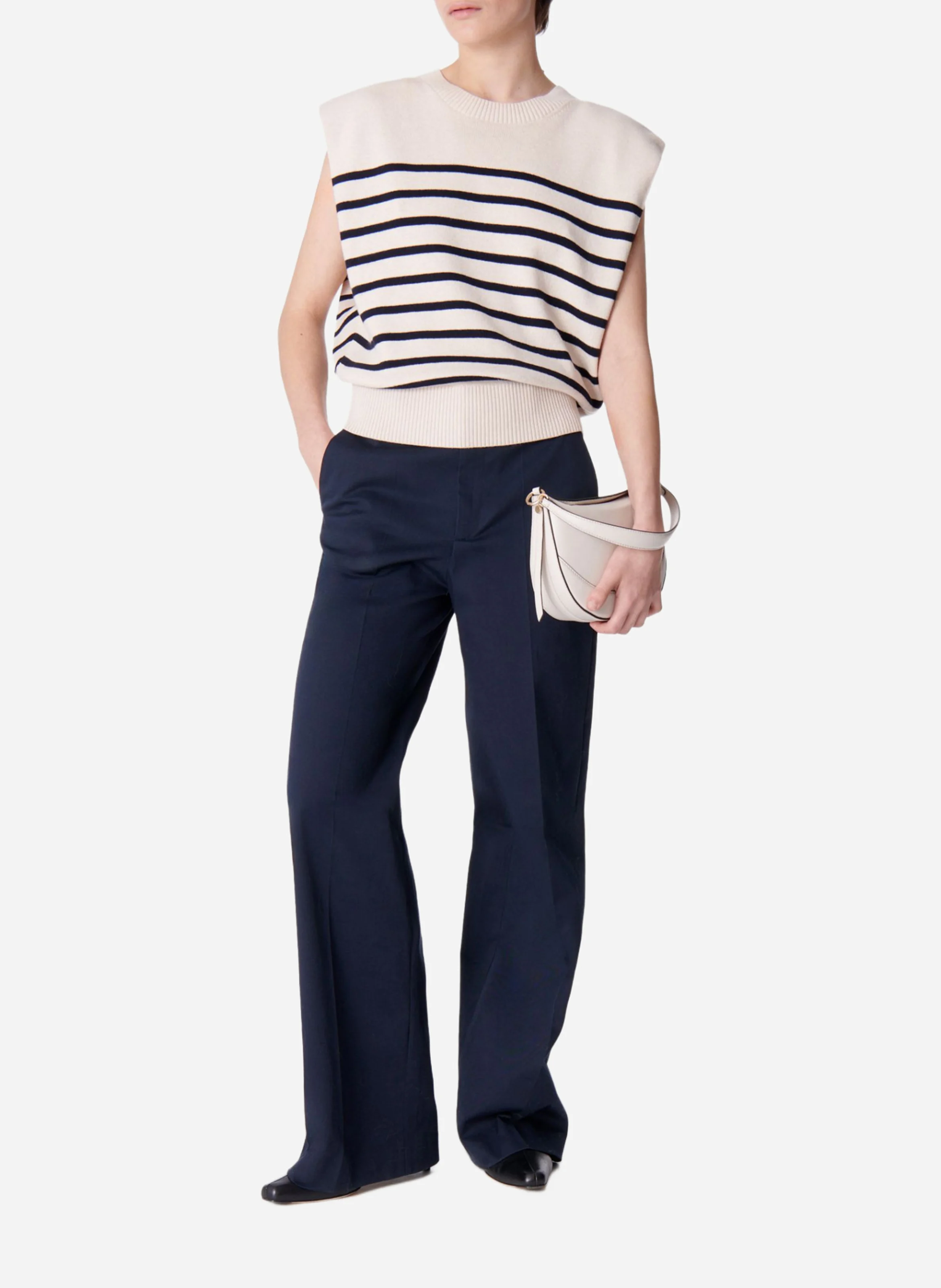 CASSANDRA - Pull col rond droit sans manches en coton et laine mélangé | Bleu