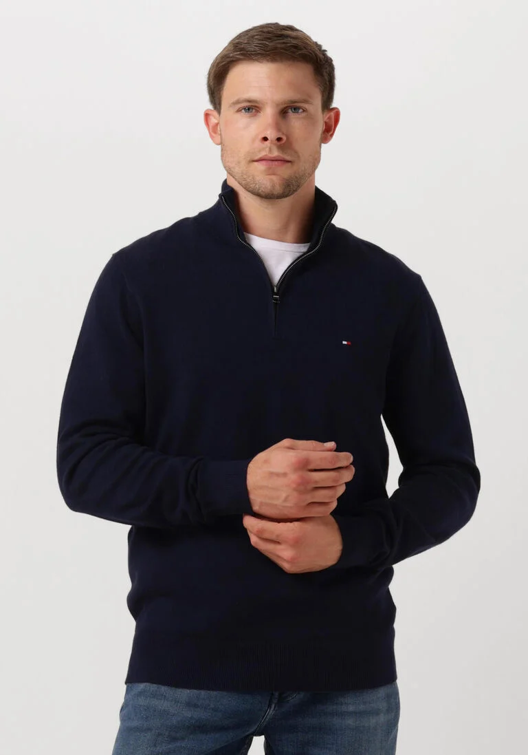 TOMMY HILFIGER donkerblauwe tommy hilfiger trui pima org ctn cashmere zip mock