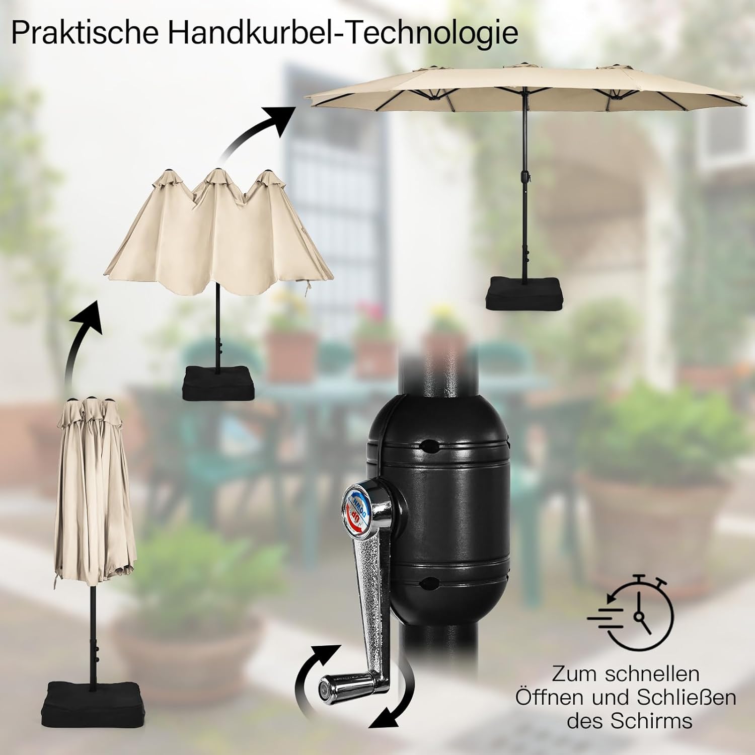 COSTWAY Doppelsonnenschirm mit Ständer, 451,5 x 264 cm, Sonnenschirm Groß XXL, UPF 50+, Gartenschirm mit Kurbel, Terrassenschirm, Marktschirm für Garten, Terrasse & Pool (Beige)