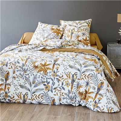 Linge de lit flanelle fleurs et perroquets - BECQUET CRÉATION