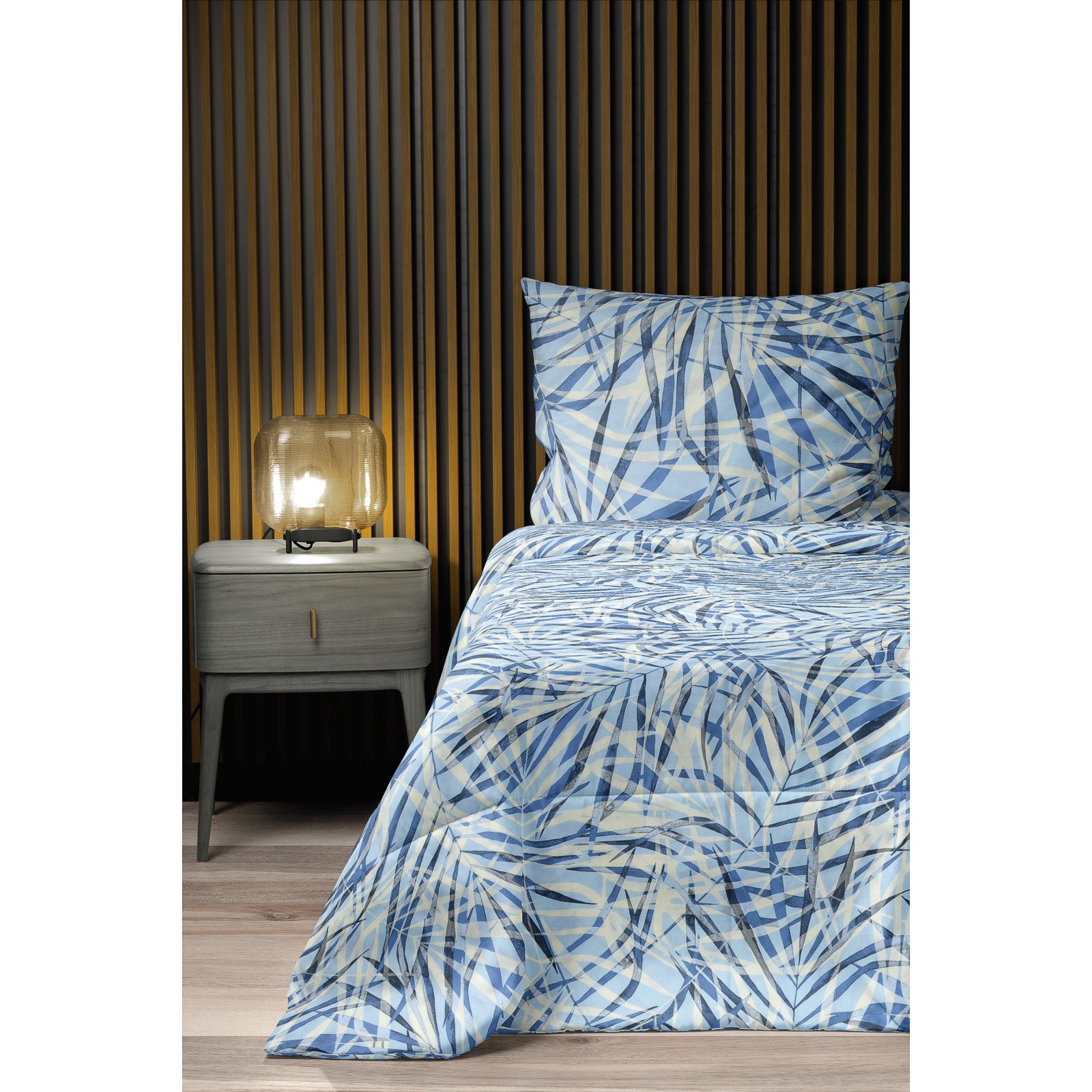 Bettwäsche Satin Palmenblätter blau 200x210 2x65x65 Bettanzug Fra